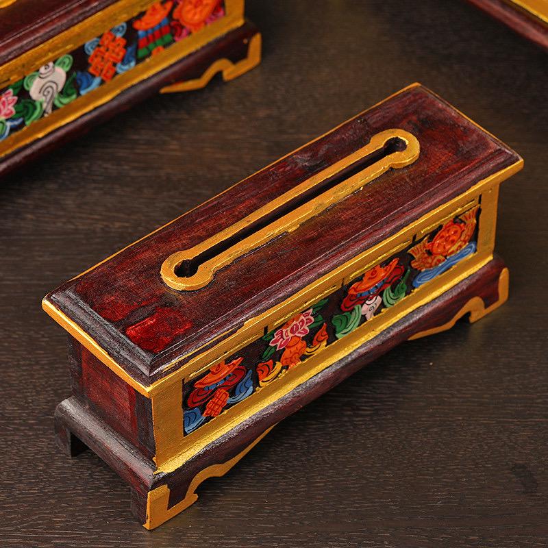 Nepalese Handpainted Wooden Tibetan Incense Burner Box, Eight Auspicious Symbols Incense Holder, Vintage Sacred Buddhist Home Decor Gift