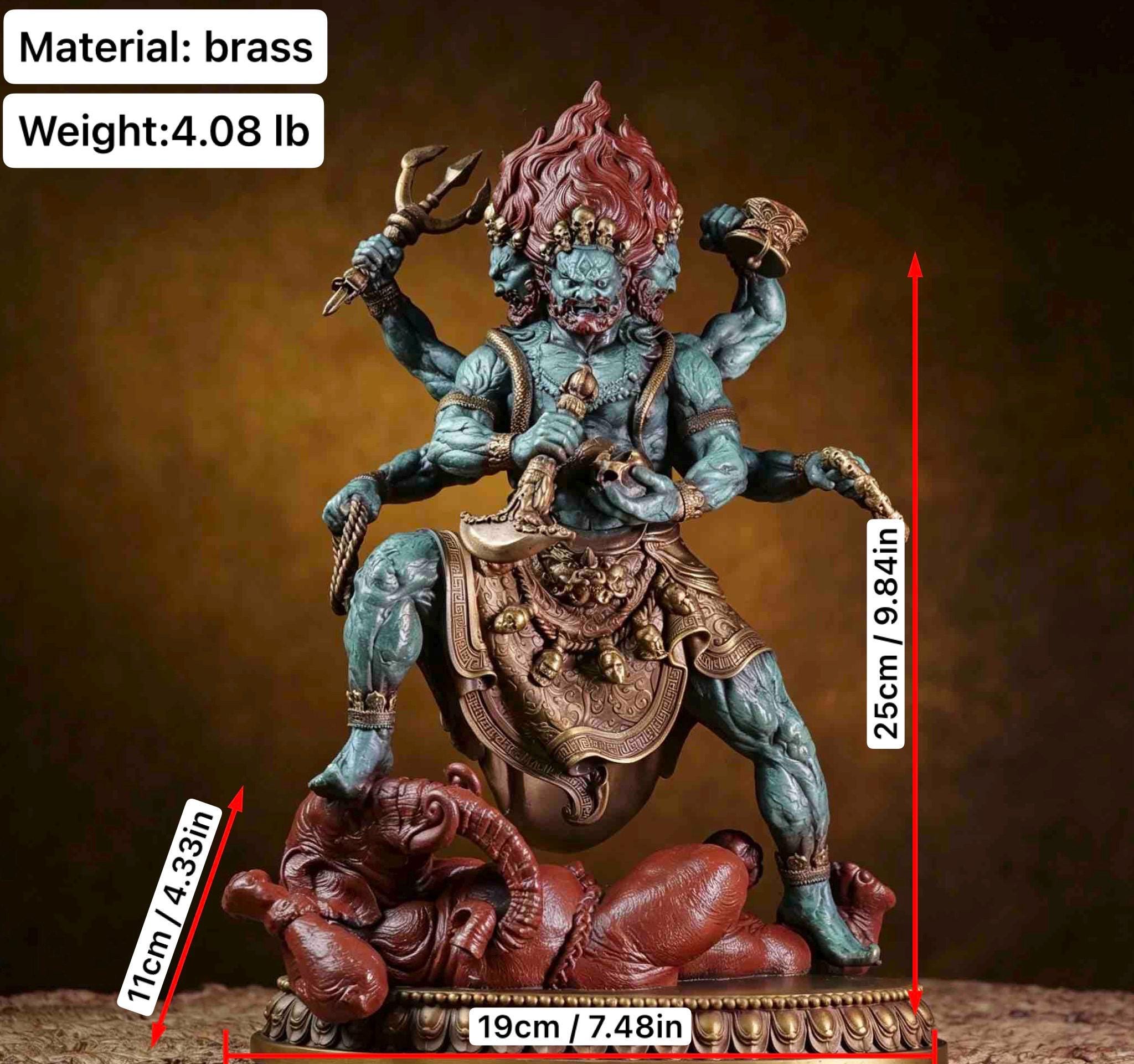 Brass Six Armed Mahakala Statue 25cm, Handcrafted Tibetan Buddhist Three Headed Wrathful Deity, Vajrayana Altar Decor Gift