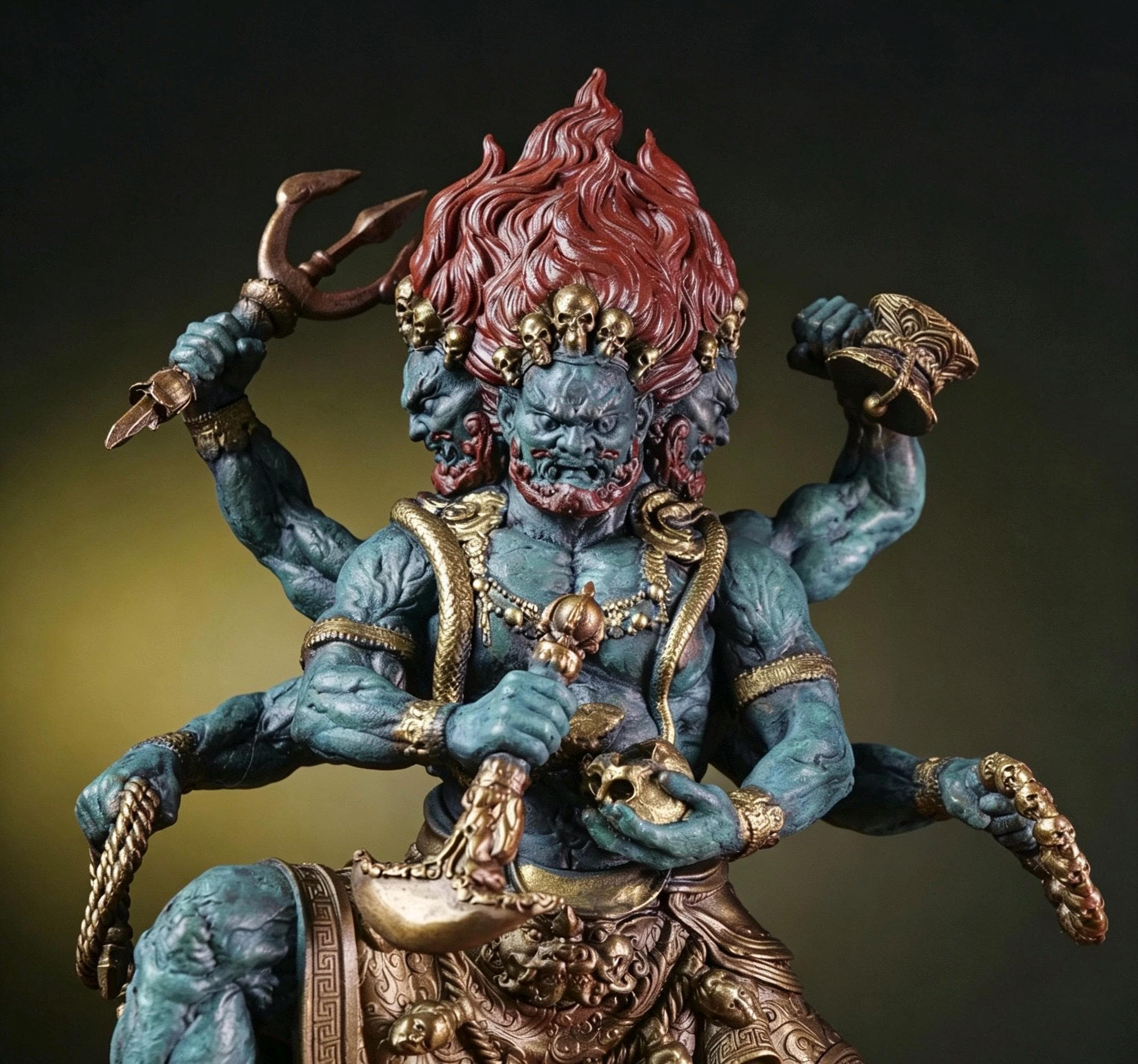 Brass Six Armed Mahakala Statue 25cm, Handcrafted Tibetan Buddhist Three Headed Wrathful Deity, Vajrayana Altar Decor Gift