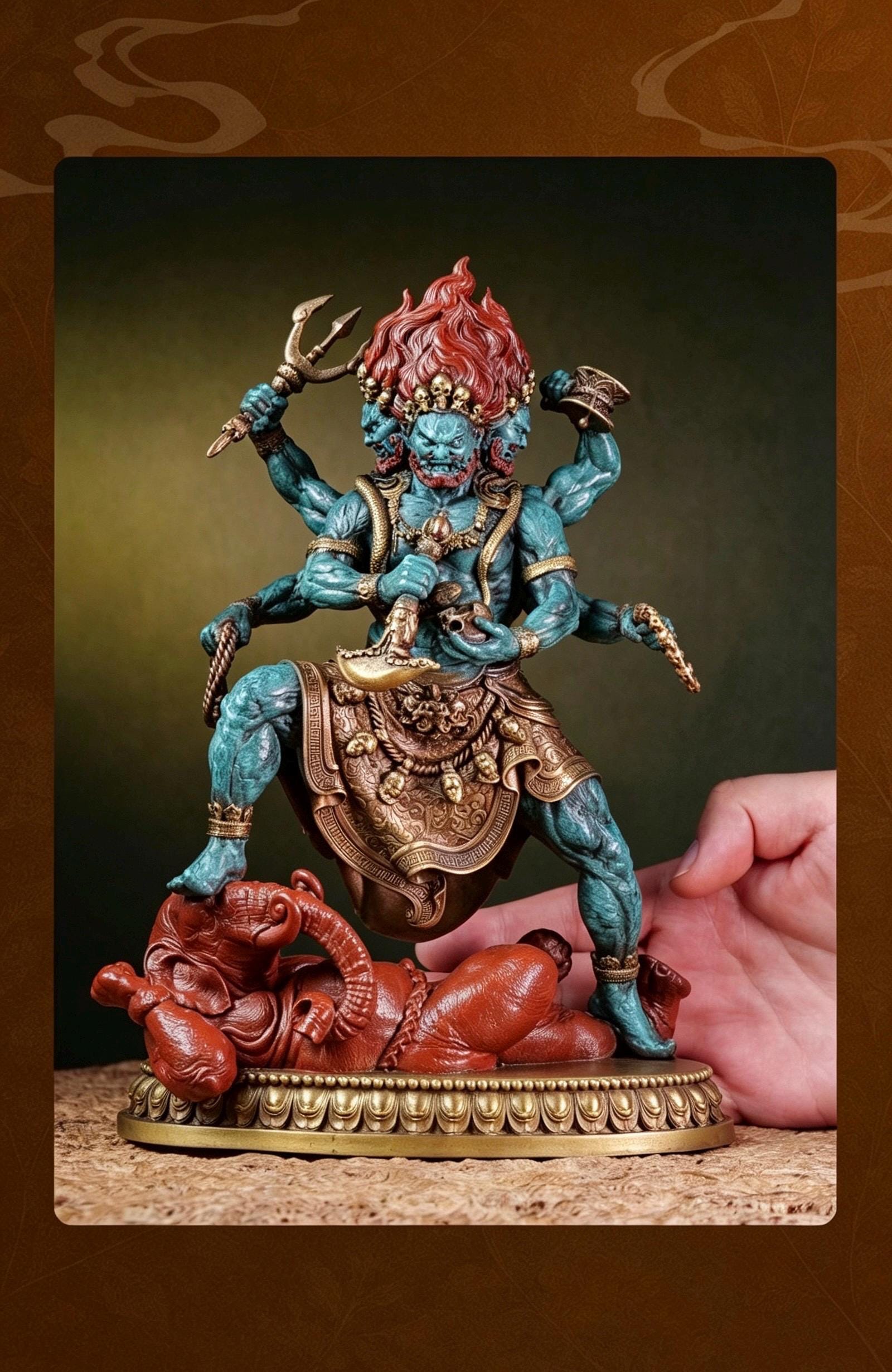 Brass Six Armed Mahakala Statue 25cm, Handcrafted Tibetan Buddhist Three Headed Wrathful Deity, Vajrayana Altar Decor Gift