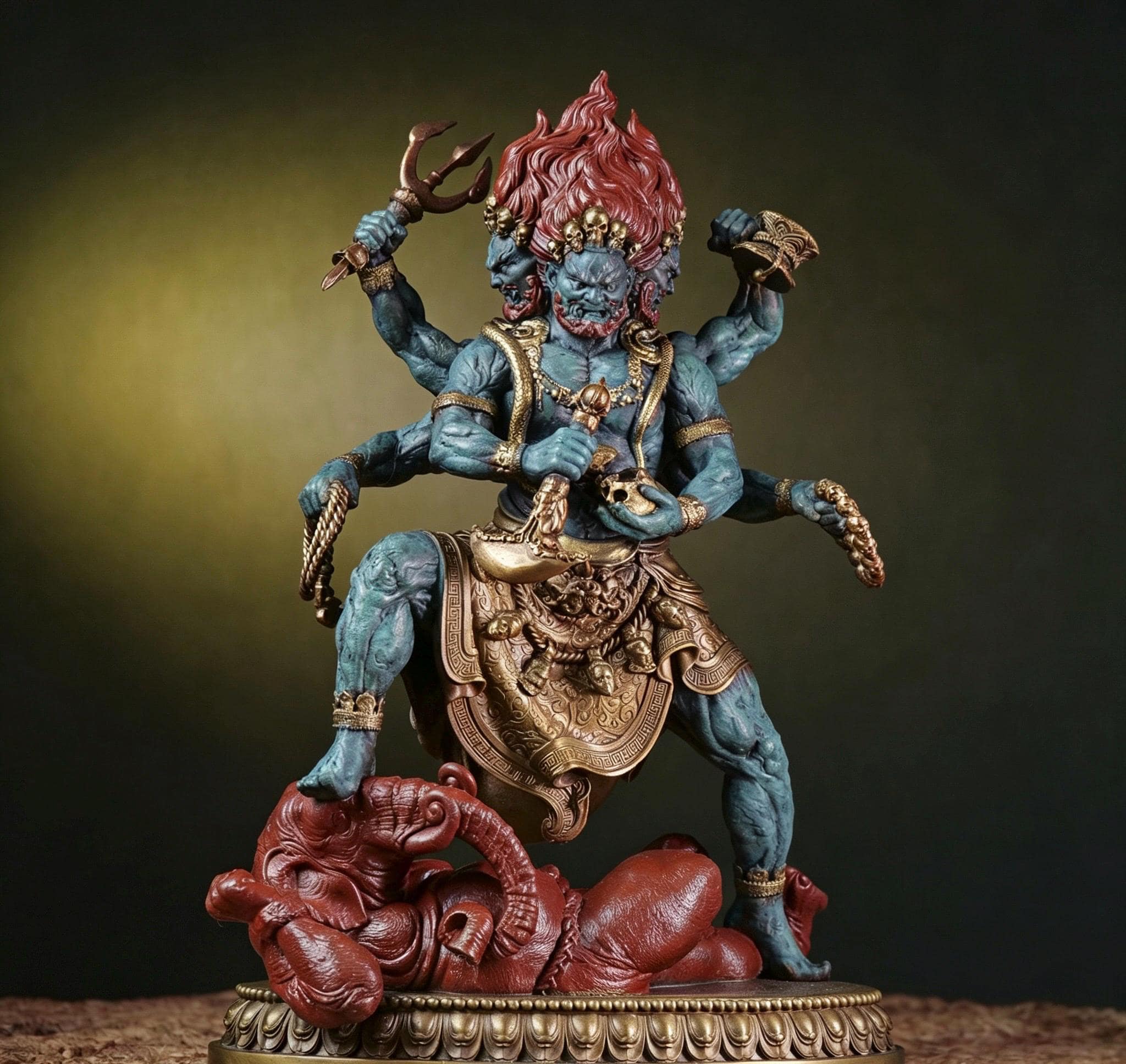 Brass Six Armed Mahakala Statue 25cm, Handcrafted Tibetan Buddhist Three Headed Wrathful Deity, Vajrayana Altar Decor Gift