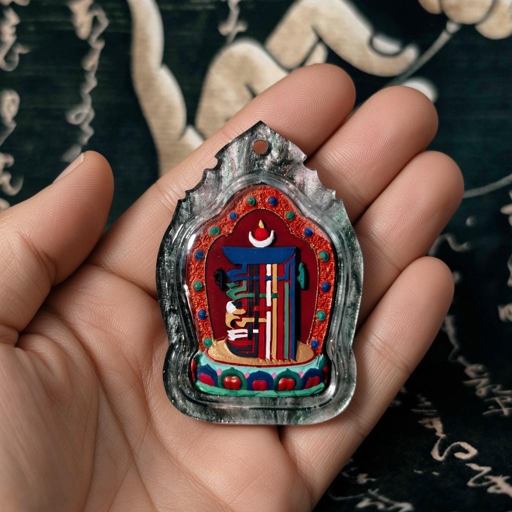 Handpainted Kalachakra Tenfold Powerful Syllable Tsa Tsa Pendant, Tibetan Amulet, Waterproof Acrylic Case Buddhist Protection Gift