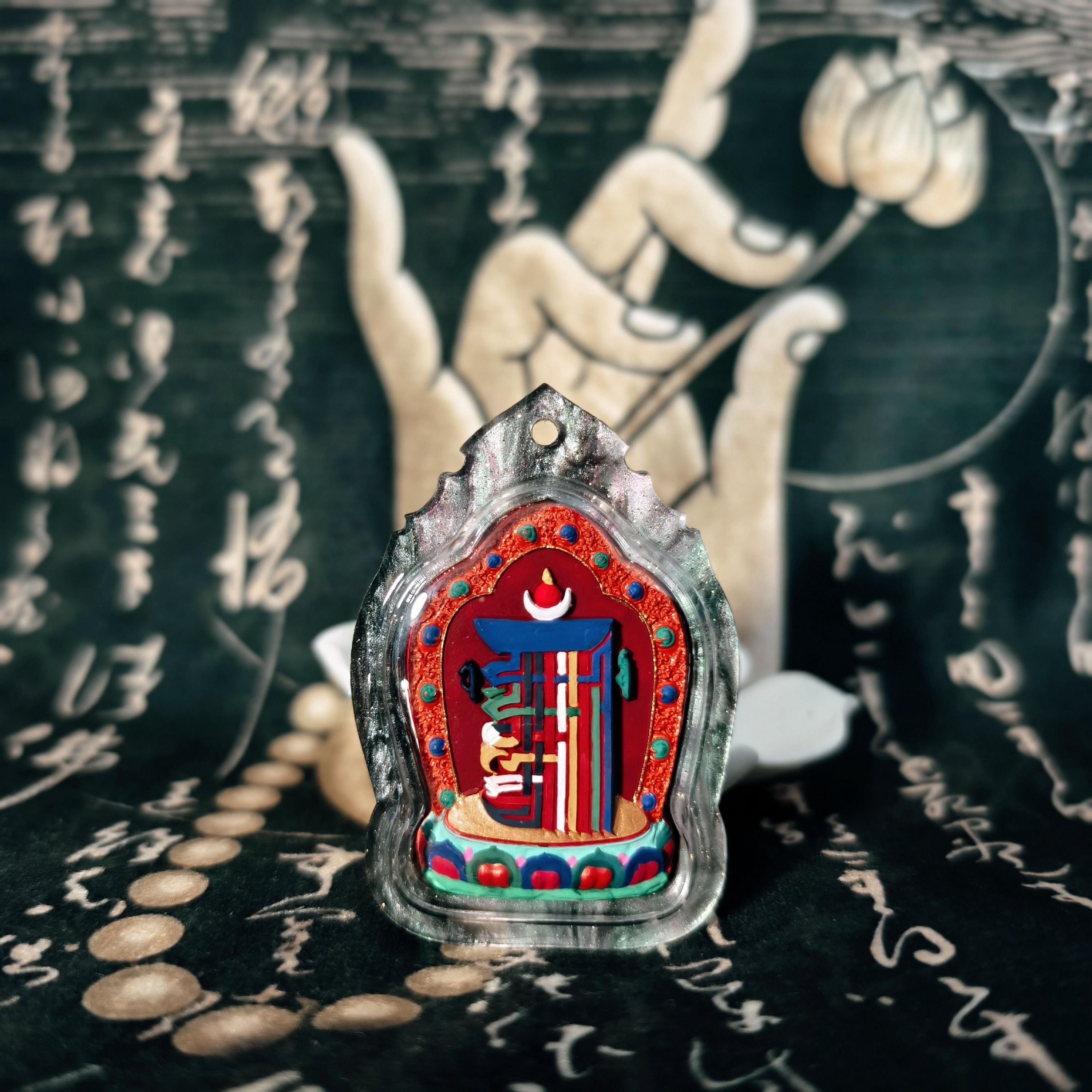 Handpainted Kalachakra Tenfold Powerful Syllable Tsa Tsa Pendant, Tibetan Amulet, Waterproof Acrylic Case Buddhist Protection Gift