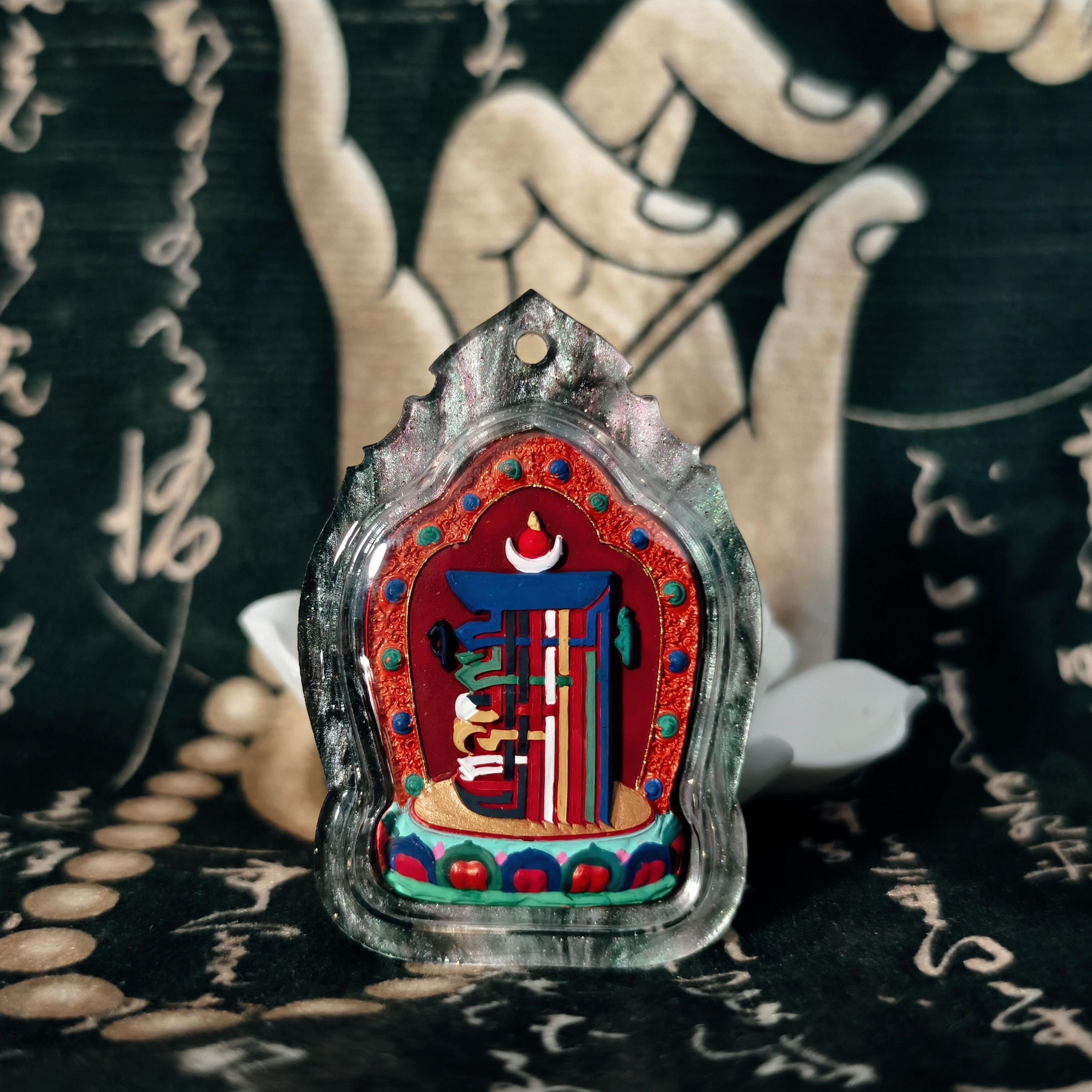 Handpainted Kalachakra Tenfold Powerful Syllable Tsa Tsa Pendant, Tibetan Amulet, Waterproof Acrylic Case Buddhist Protection Gift