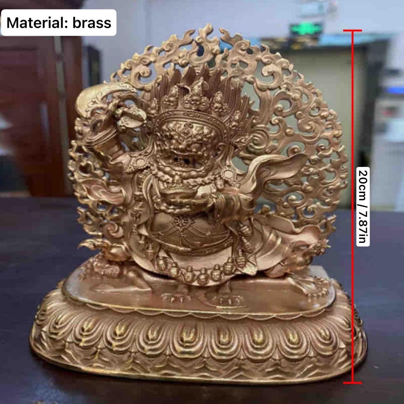 Nepalese Copper Two Armed Mahakala Statue, Handcrafted Karma Kagyu Protector Shrine Figurine, Sacred Tibetan Buddhist Altar Decor Gift