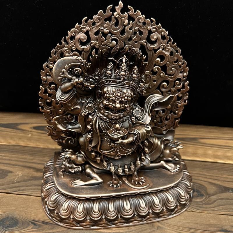 Nepalese Copper Two Armed Mahakala Statue, Handcrafted Karma Kagyu Protector Shrine Figurine, Sacred Tibetan Buddhist Altar Decor Gift