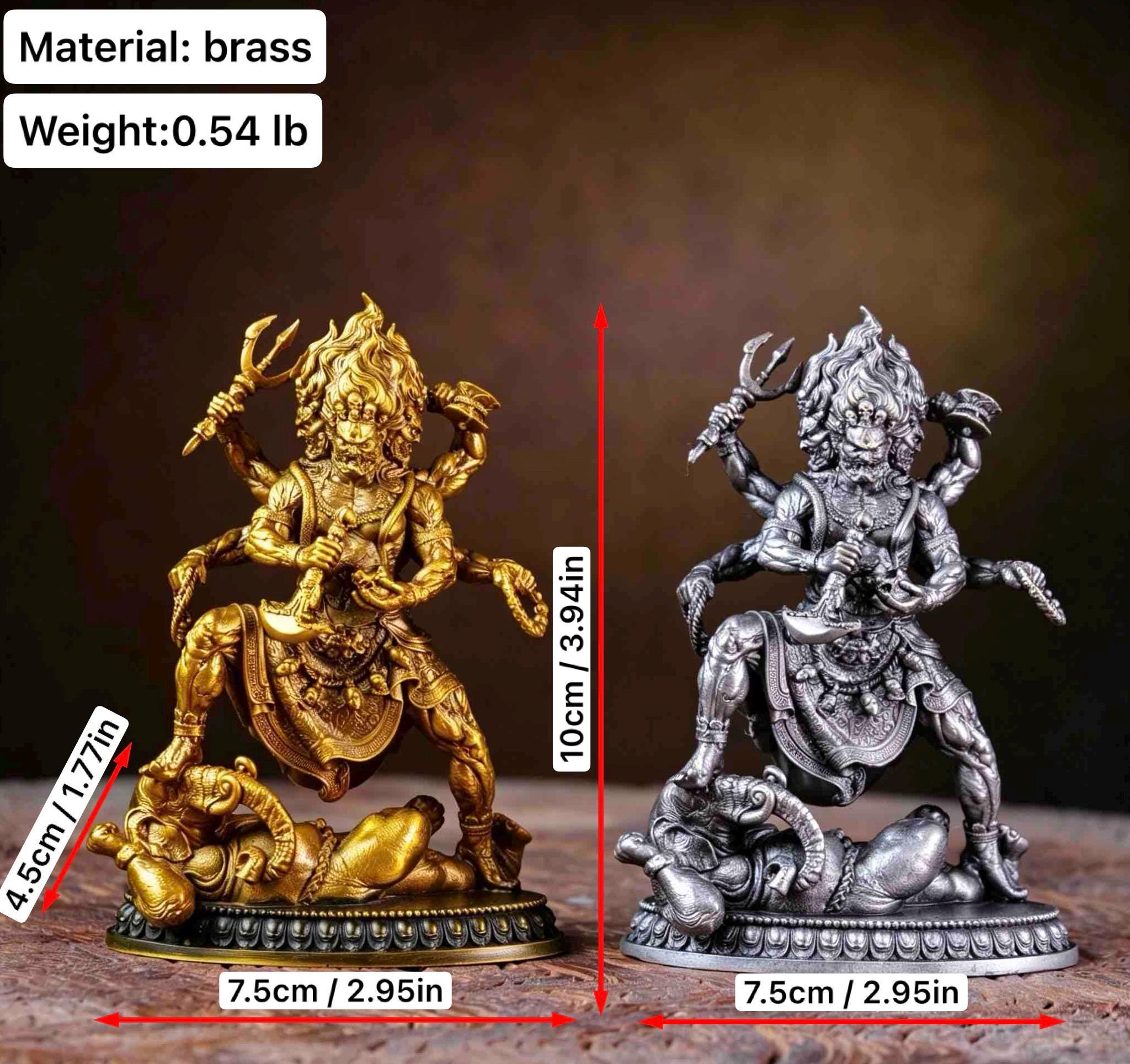 Brass Six Armed Mahakala Statue 10cm, Mini Tibetan Buddhist Three Headed Wrathful Deity, Portable Vajrayana Shrine Decor Gift
