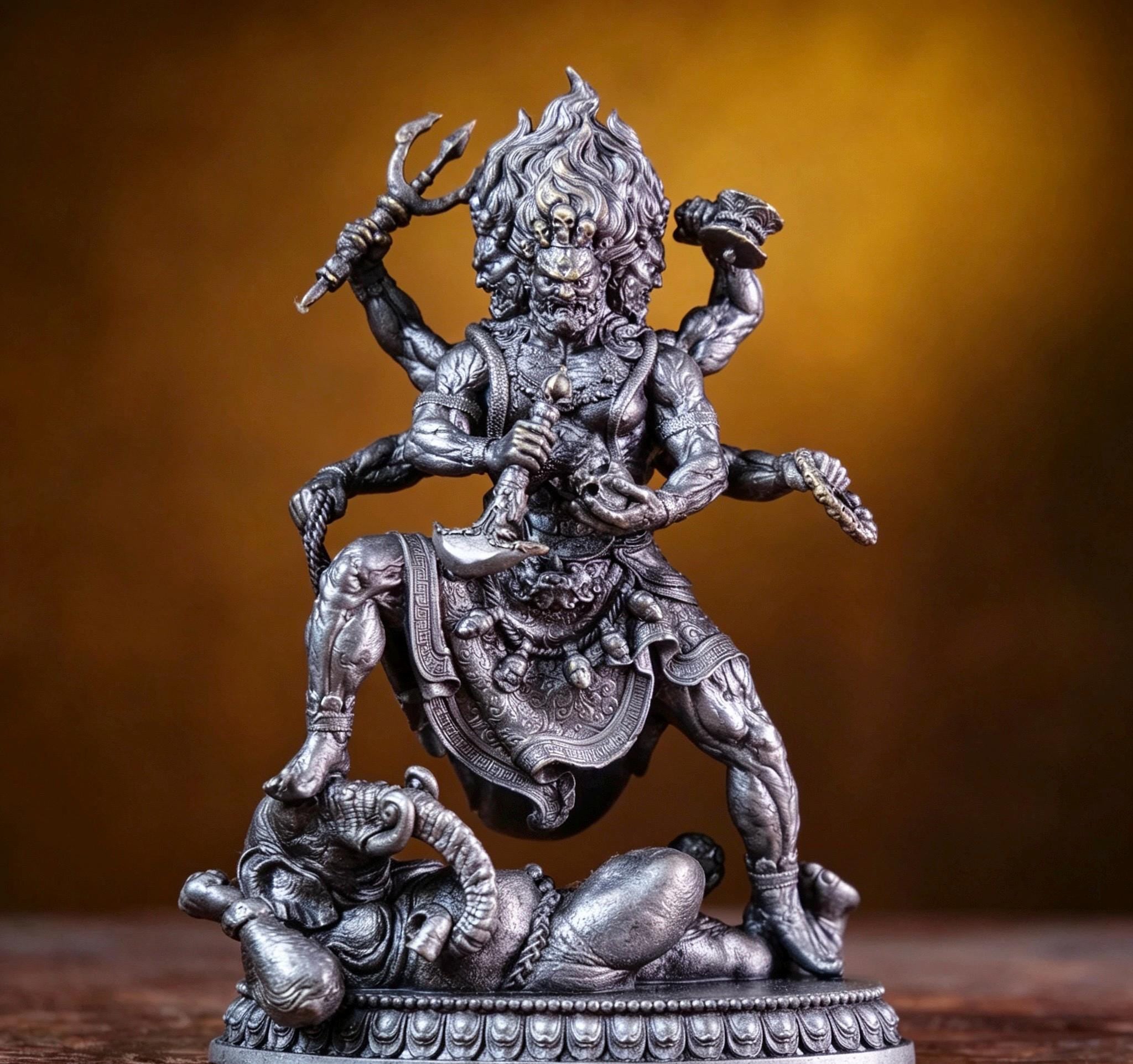 Brass Six Armed Mahakala Statue 10cm, Mini Tibetan Buddhist Three Headed Wrathful Deity, Portable Vajrayana Shrine Decor Gift