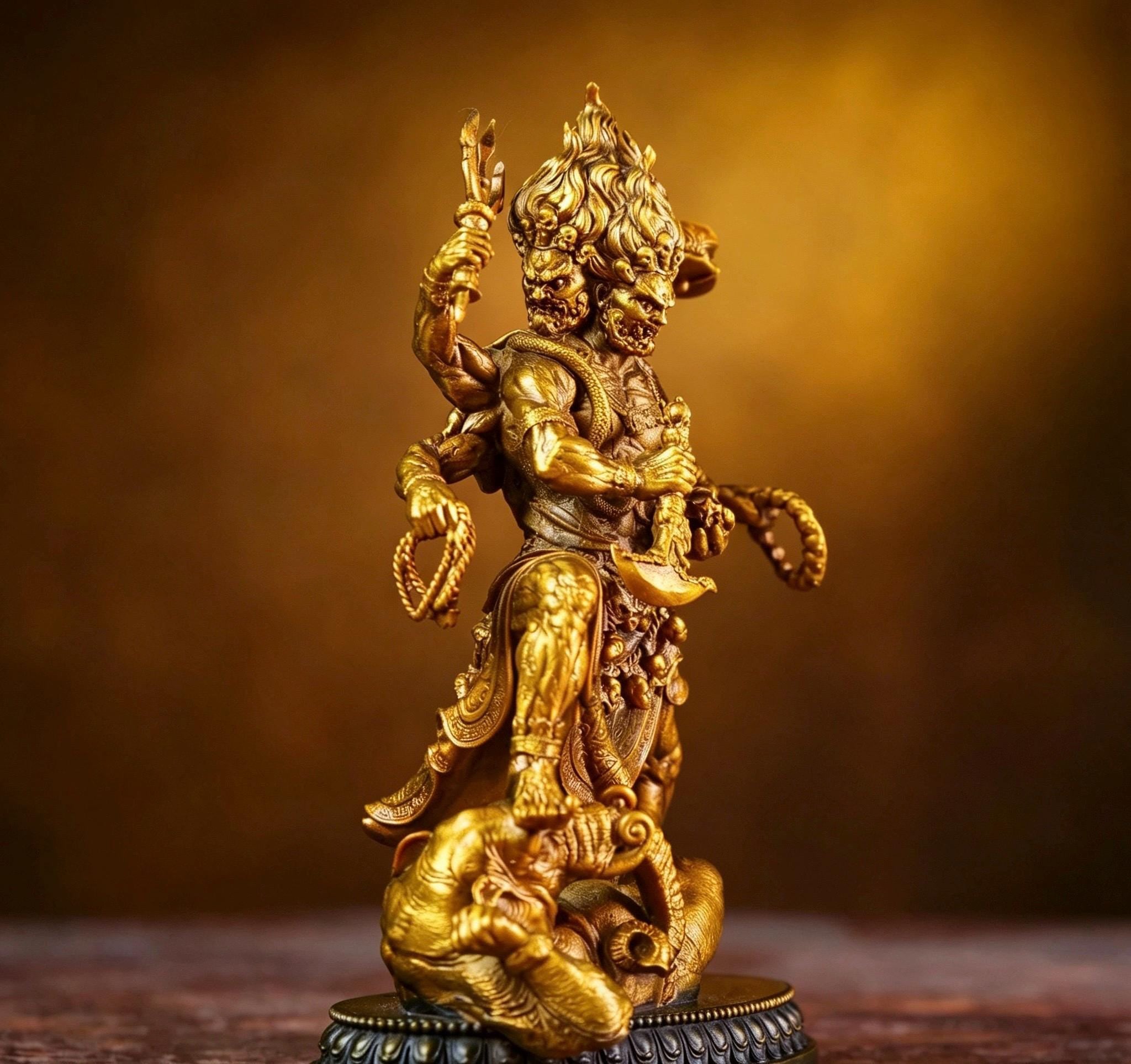 Brass Six Armed Mahakala Statue 10cm, Mini Tibetan Buddhist Three Headed Wrathful Deity, Portable Vajrayana Shrine Decor Gift