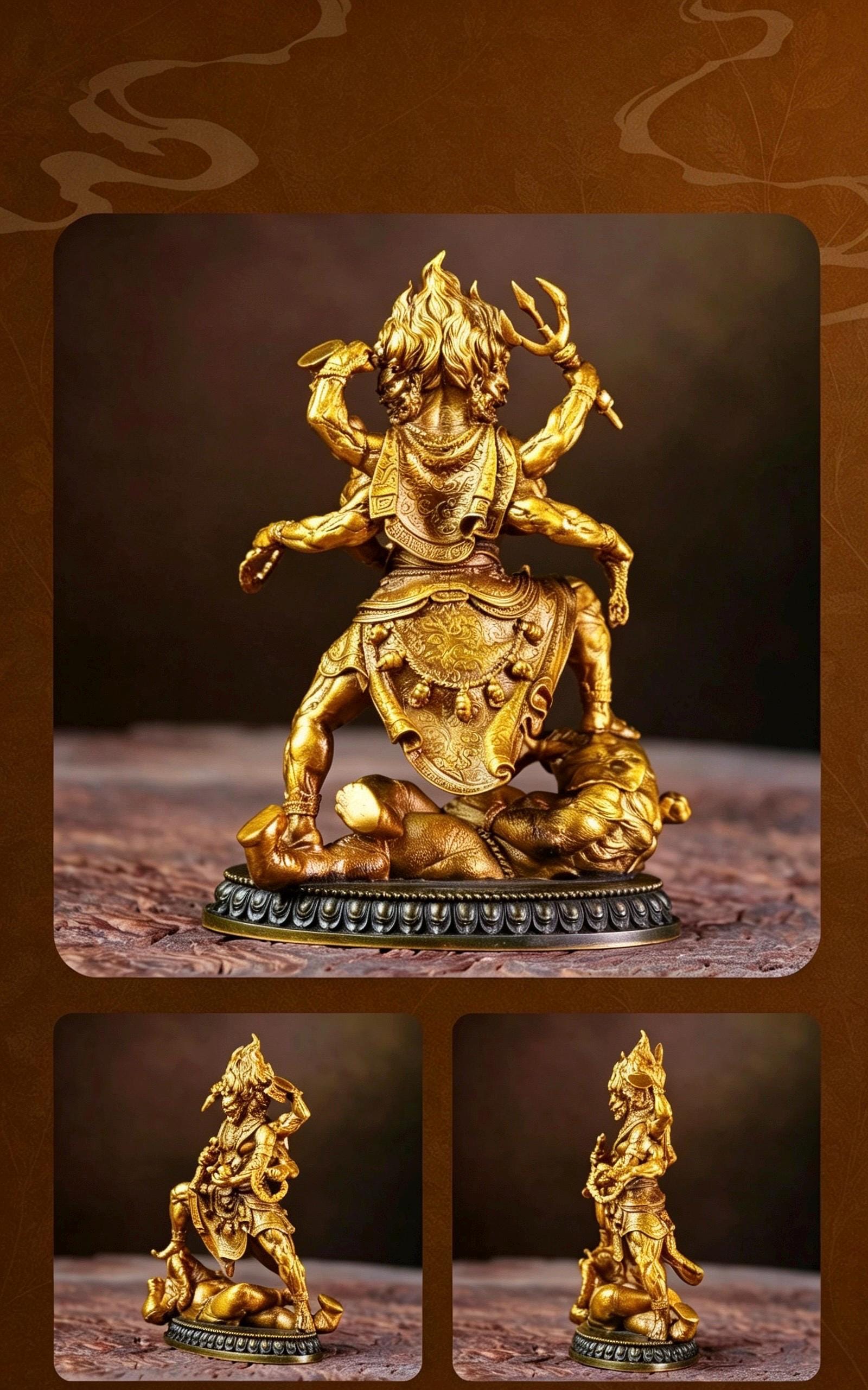 Brass Six Armed Mahakala Statue 10cm, Mini Tibetan Buddhist Three Headed Wrathful Deity, Portable Vajrayana Shrine Decor Gift