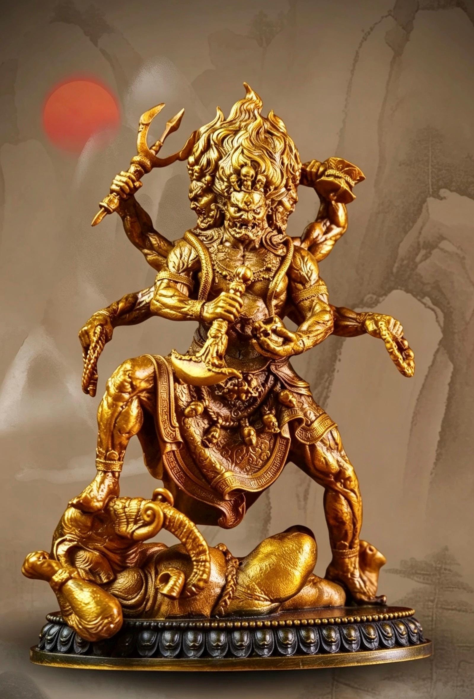 Brass Six Armed Mahakala Statue 10cm, Mini Tibetan Buddhist Three Headed Wrathful Deity, Portable Vajrayana Shrine Decor Gift