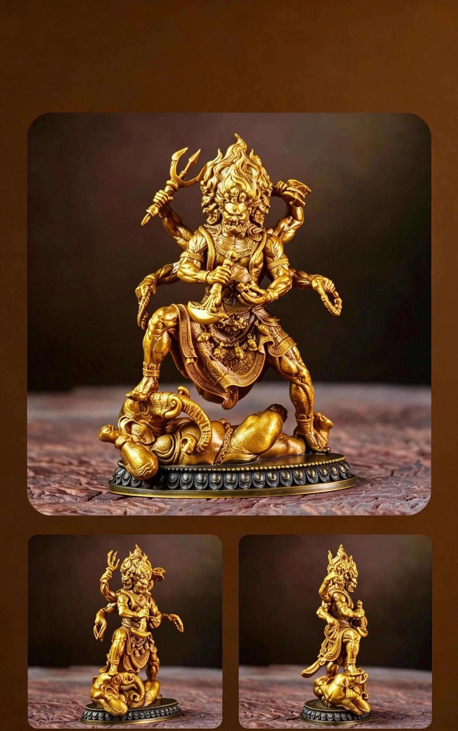 Brass Six Armed Mahakala Statue 10cm, Mini Tibetan Buddhist Three Headed Wrathful Deity, Portable Vajrayana Shrine Decor Gift