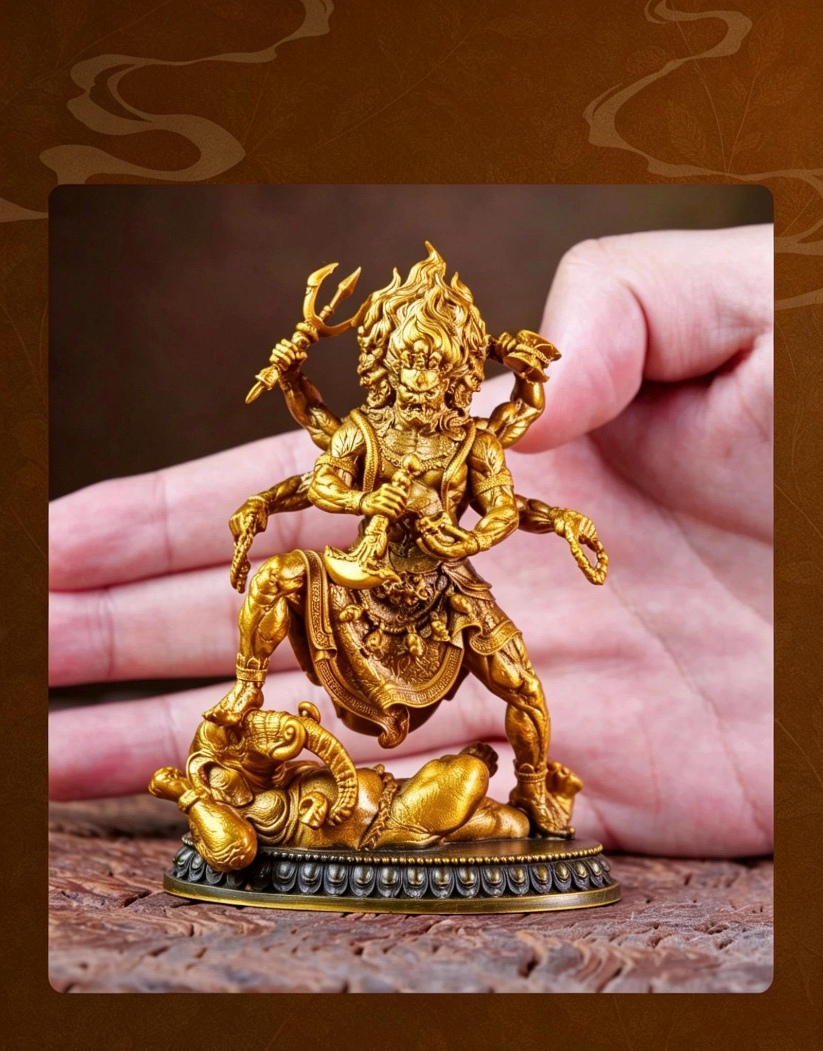 Brass Six Armed Mahakala Statue 10cm, Mini Tibetan Buddhist Three Headed Wrathful Deity, Portable Vajrayana Shrine Decor Gift