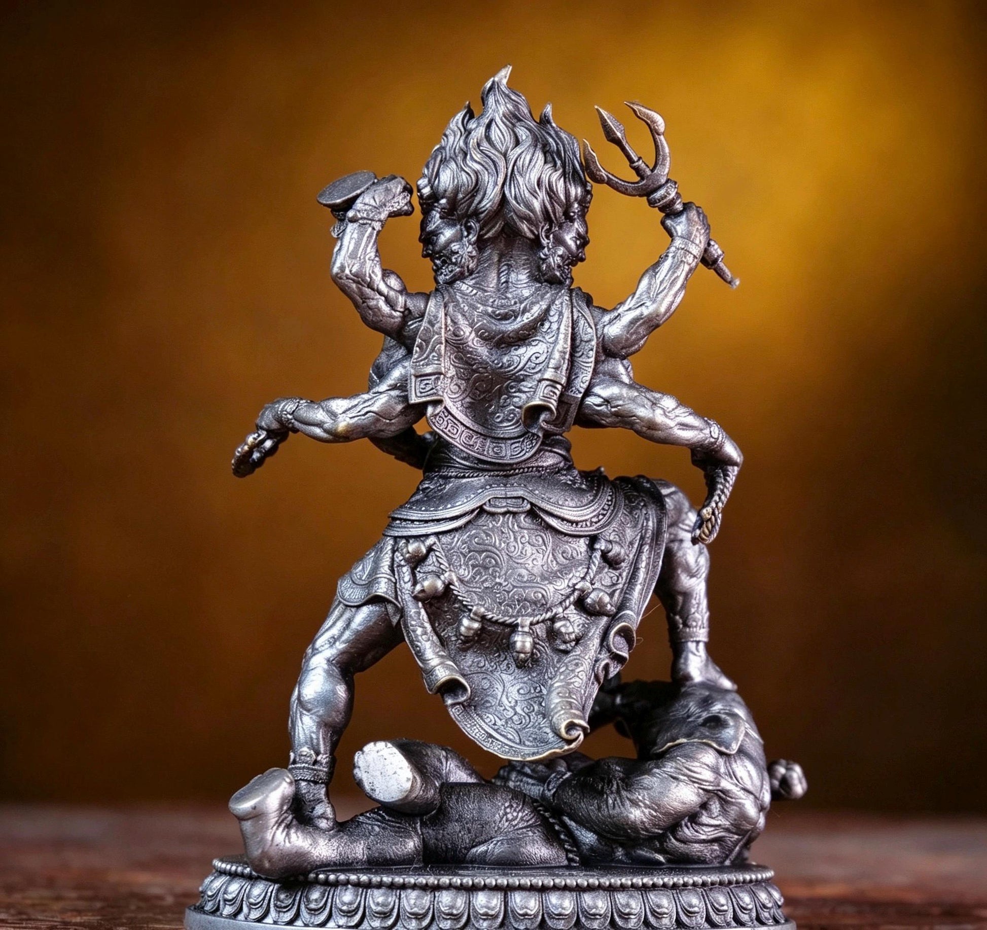 Brass Six Armed Mahakala Statue 10cm, Mini Tibetan Buddhist Three Headed Wrathful Deity, Portable Vajrayana Shrine Decor Gift
