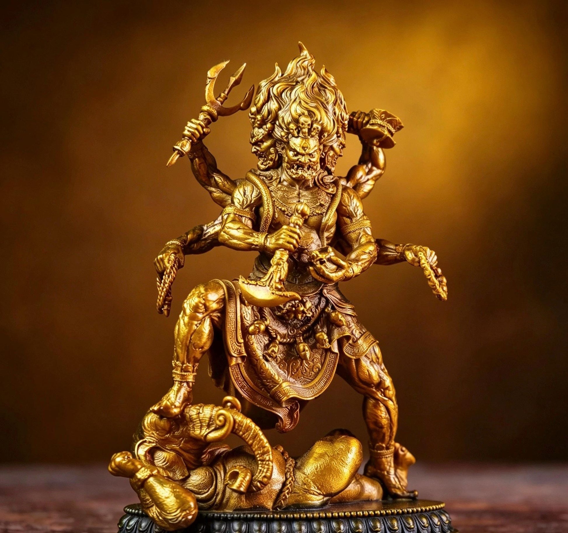 Brass Six Armed Mahakala Statue 10cm, Mini Tibetan Buddhist Three Headed Wrathful Deity, Portable Vajrayana Shrine Decor Gift