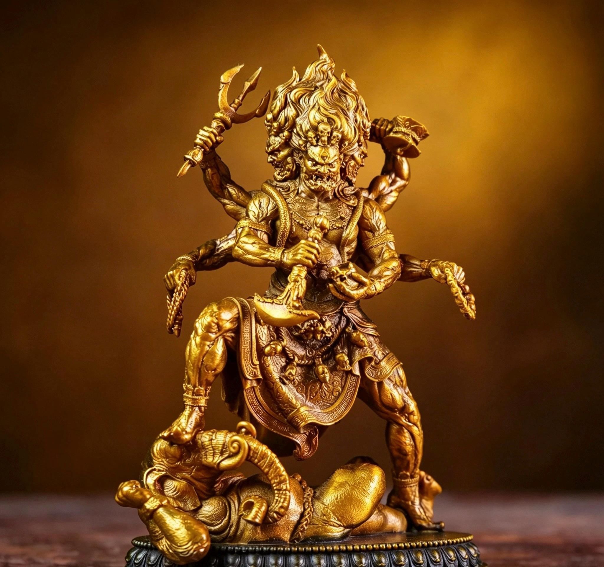 Brass Six Armed Mahakala Statue 10cm, Mini Tibetan Buddhist Three Headed Wrathful Deity, Portable Vajrayana Shrine Decor Gift