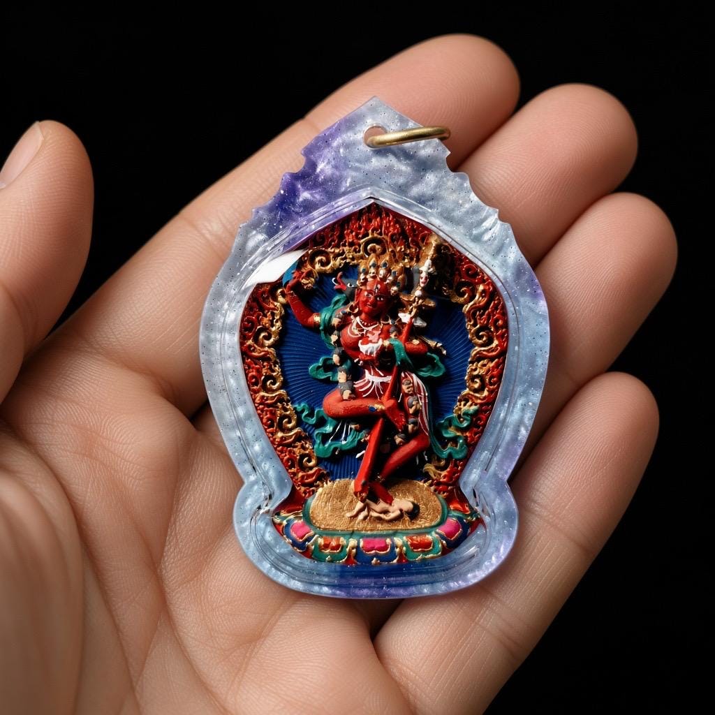 Handpainted Vajravarahi Tsa Tsa Pendant, Tibetan Diamond Sow Amulet, Laser Cut Waterproof Case Sacred Buddhist Protection Gift