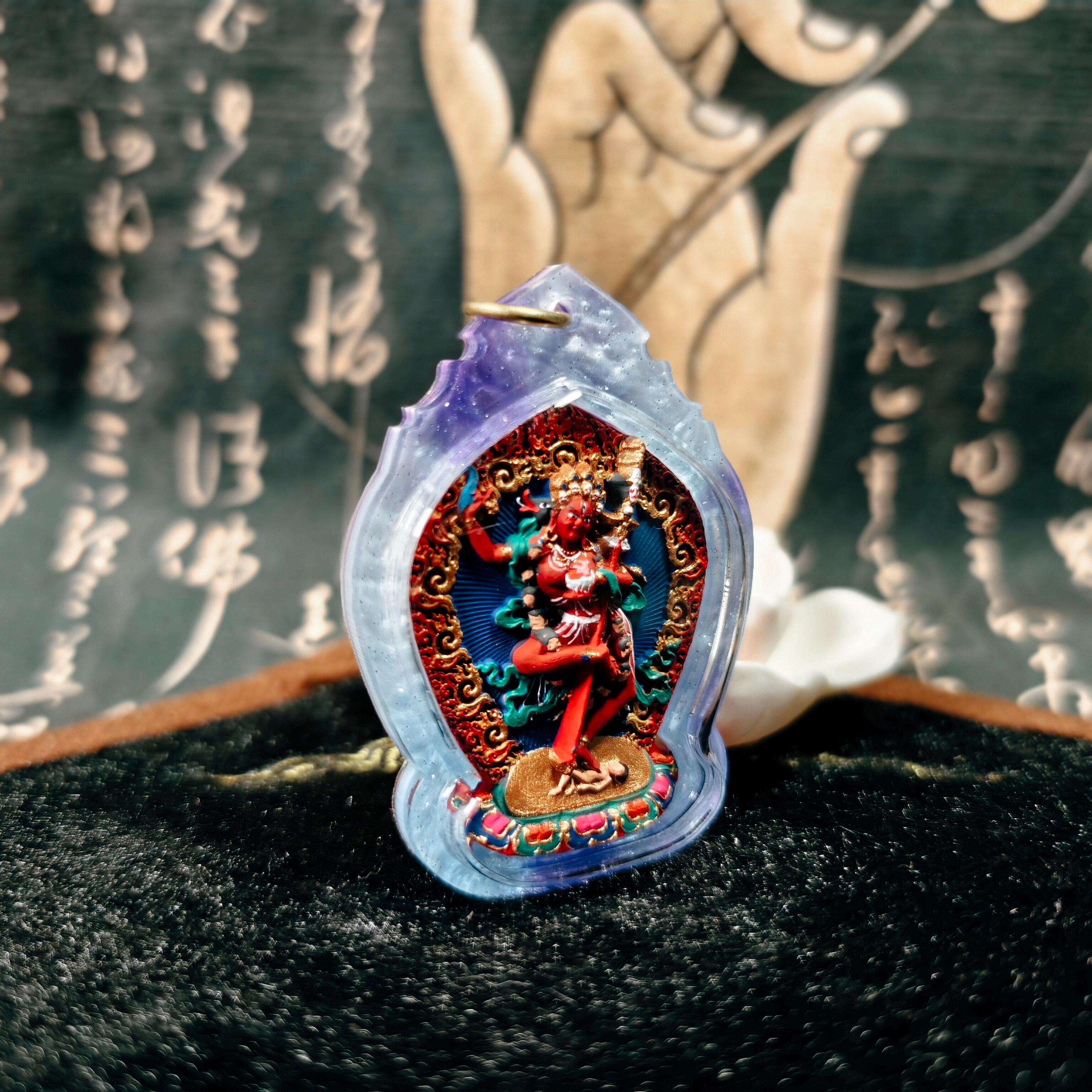 Handpainted Vajravarahi Tsa Tsa Pendant, Tibetan Diamond Sow Amulet, Laser Cut Waterproof Case Sacred Buddhist Protection Gift