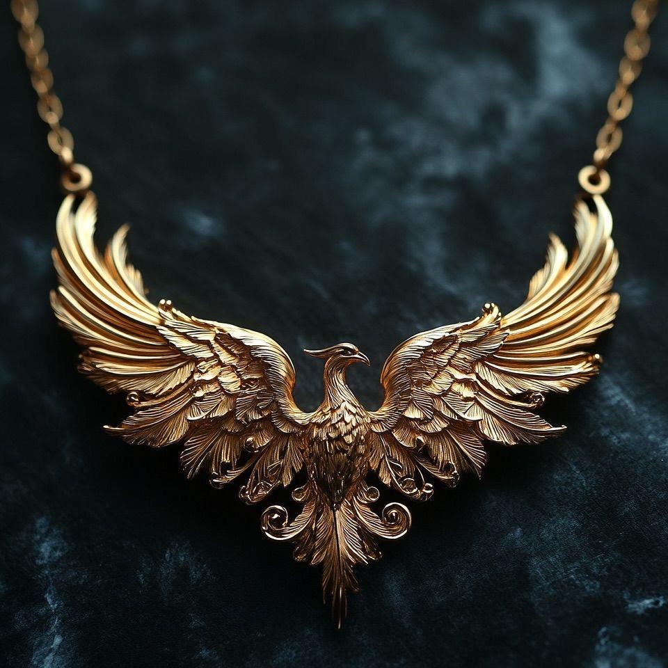 Ancient Gold Phoenix Wings Pendant Necklace, Vintage Oriental Phoenix Sweater Chain, Ethnic Statement Jewelry, Elegant Gift for Her