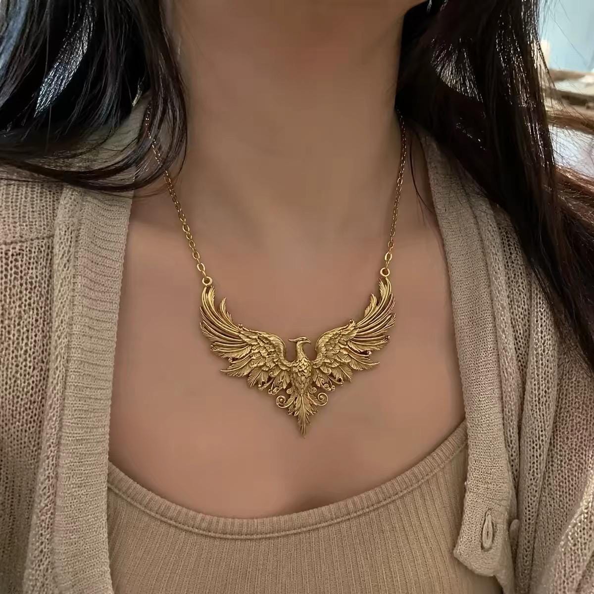 Ancient Gold Phoenix Wings Pendant Necklace, Vintage Oriental Phoenix Sweater Chain, Ethnic Statement Jewelry, Elegant Gift for Her