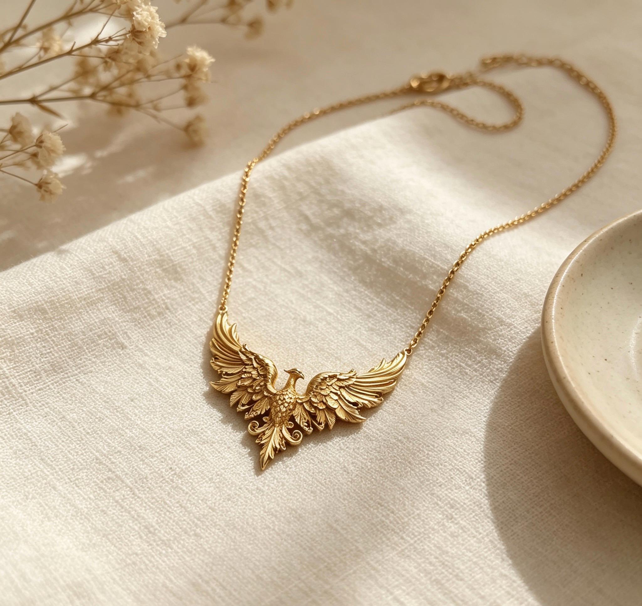Ancient Gold Phoenix Wings Pendant Necklace, Vintage Oriental Phoenix Sweater Chain, Ethnic Statement Jewelry, Elegant Gift for Her