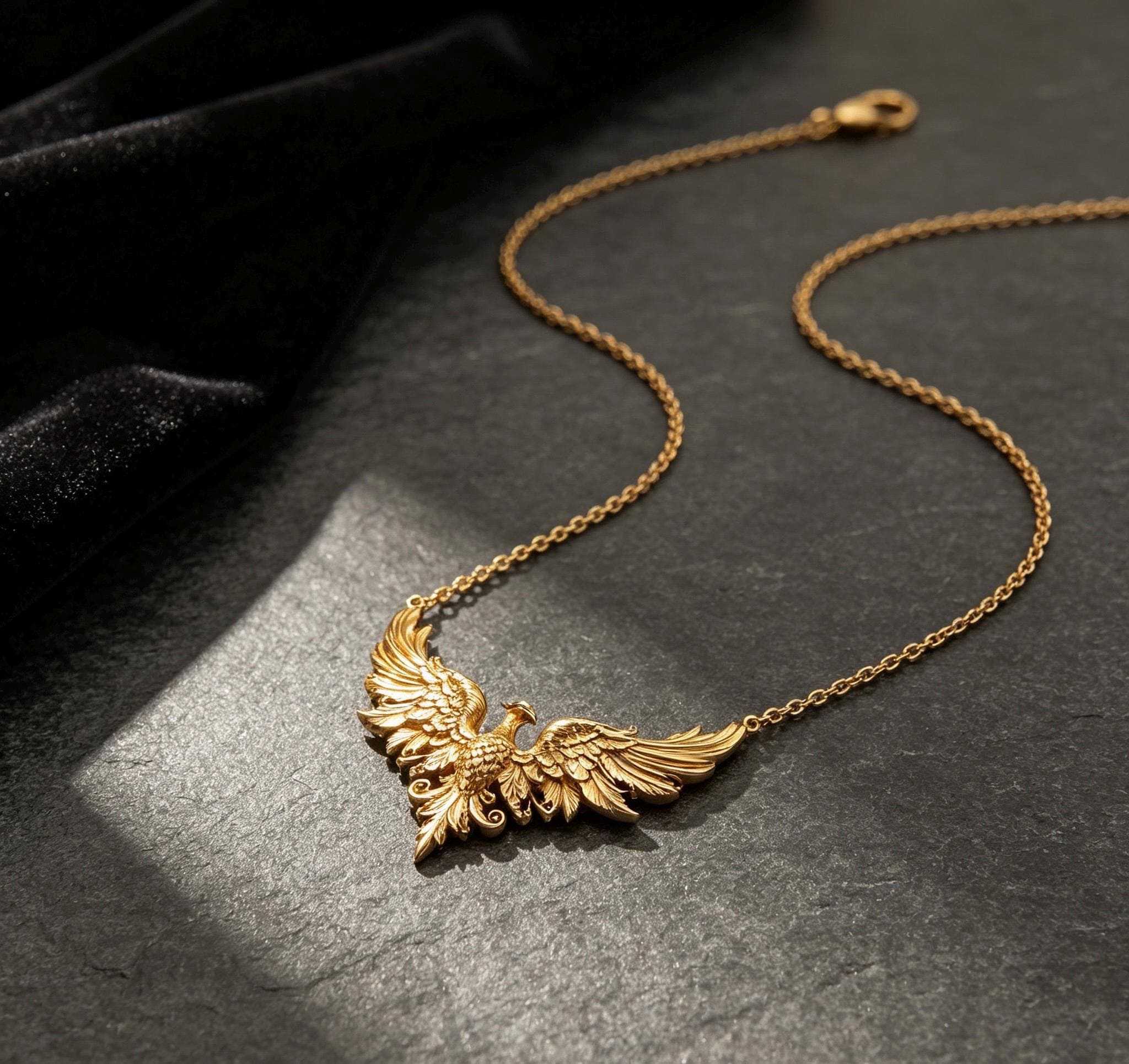 Ancient Gold Phoenix Wings Pendant Necklace, Vintage Oriental Phoenix Sweater Chain, Ethnic Statement Jewelry, Elegant Gift for Her