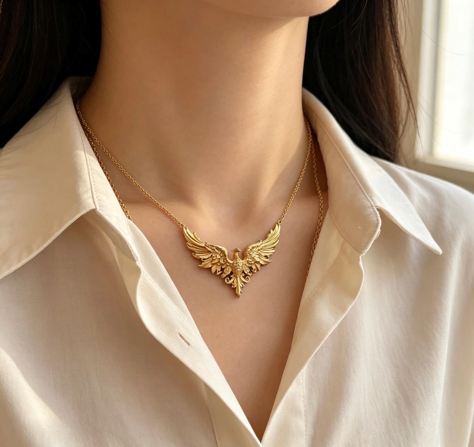Ancient Gold Phoenix Wings Pendant Necklace, Vintage Oriental Phoenix Sweater Chain, Ethnic Statement Jewelry, Elegant Gift for Her