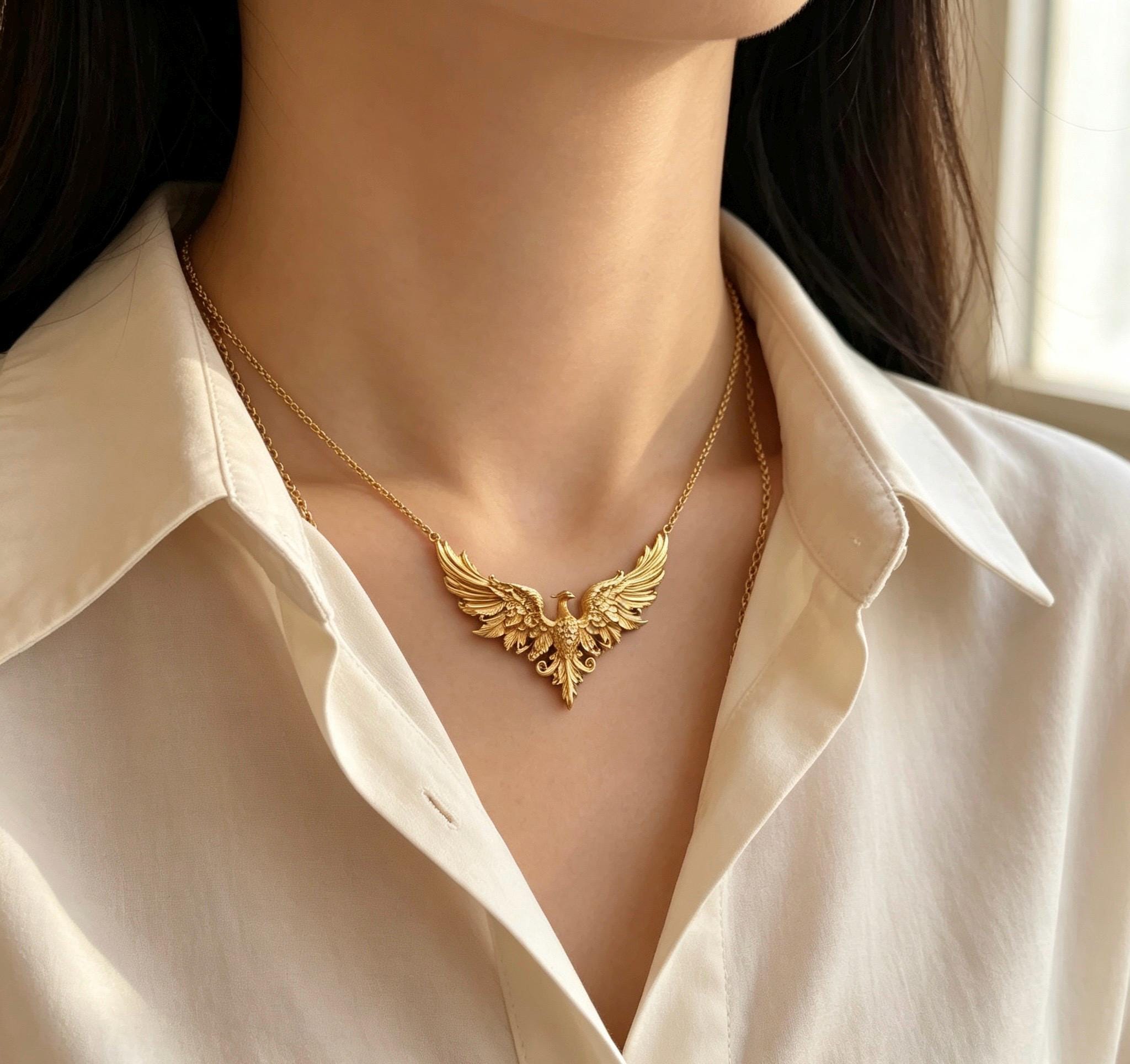 Ancient Gold Phoenix Wings Pendant Necklace, Vintage Oriental Phoenix Sweater Chain, Ethnic Statement Jewelry, Elegant Gift for Her