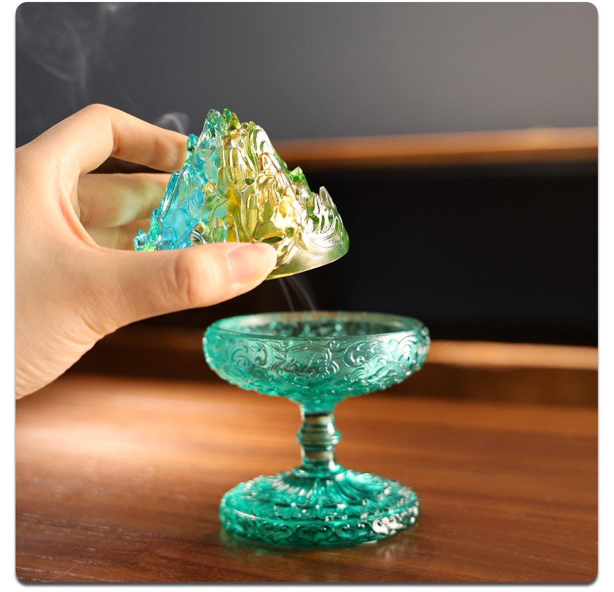Chinese Colored Glaze Boshan Censer, Mountain Incense Burner, Glass Boshanlu Tea Room Desk Decor Meditation Gift