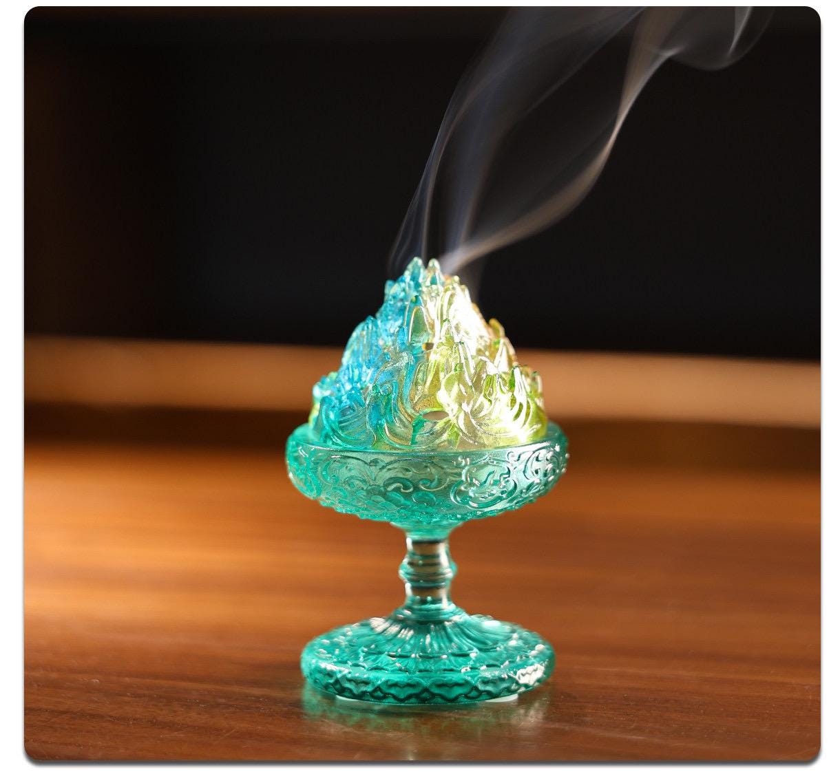 Chinese Colored Glaze Boshan Censer, Mountain Incense Burner, Glass Boshanlu Tea Room Desk Decor Meditation Gift