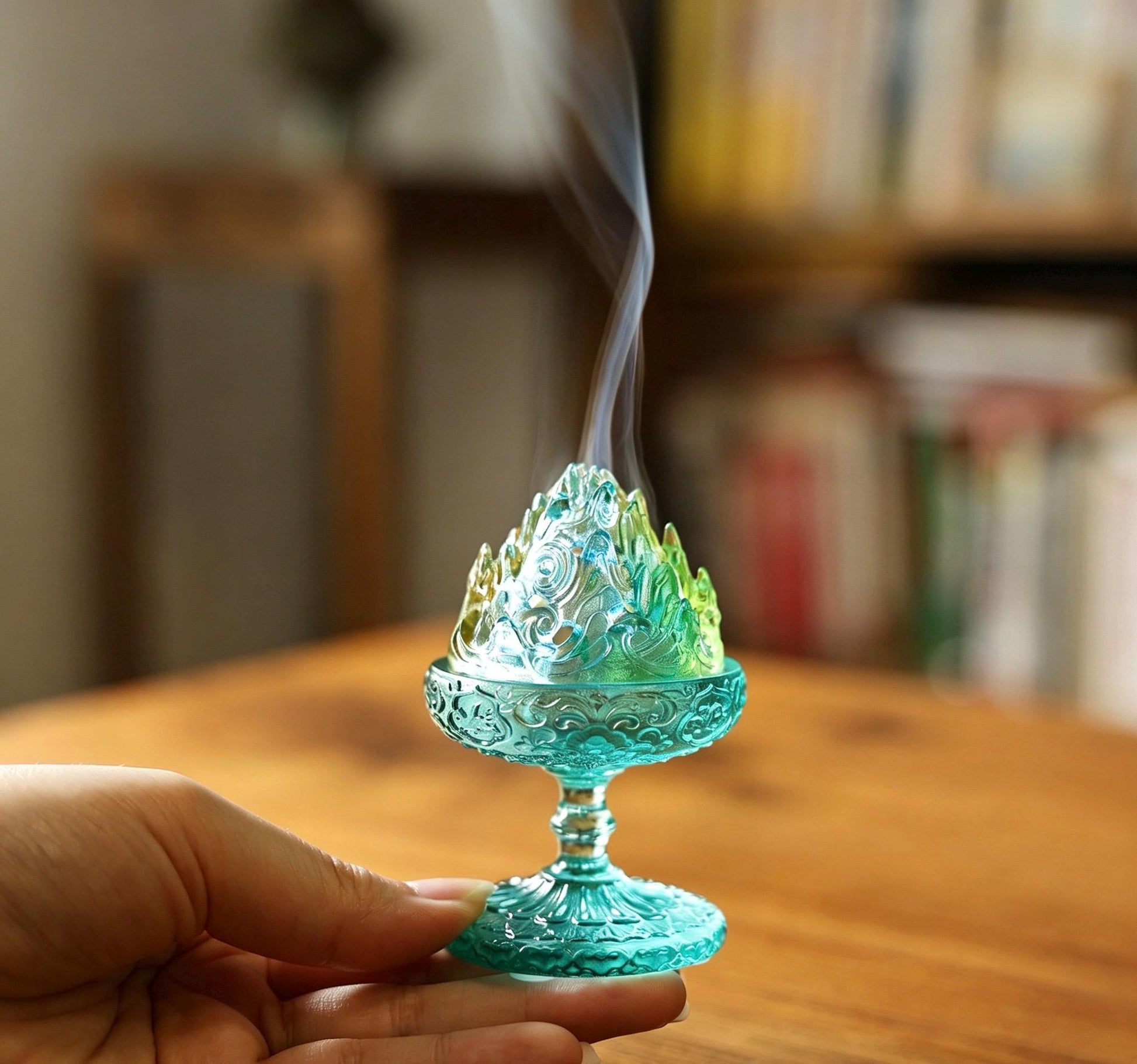 Chinese Colored Glaze Boshan Censer, Mountain Incense Burner, Glass Boshanlu Tea Room Desk Decor Meditation Gift