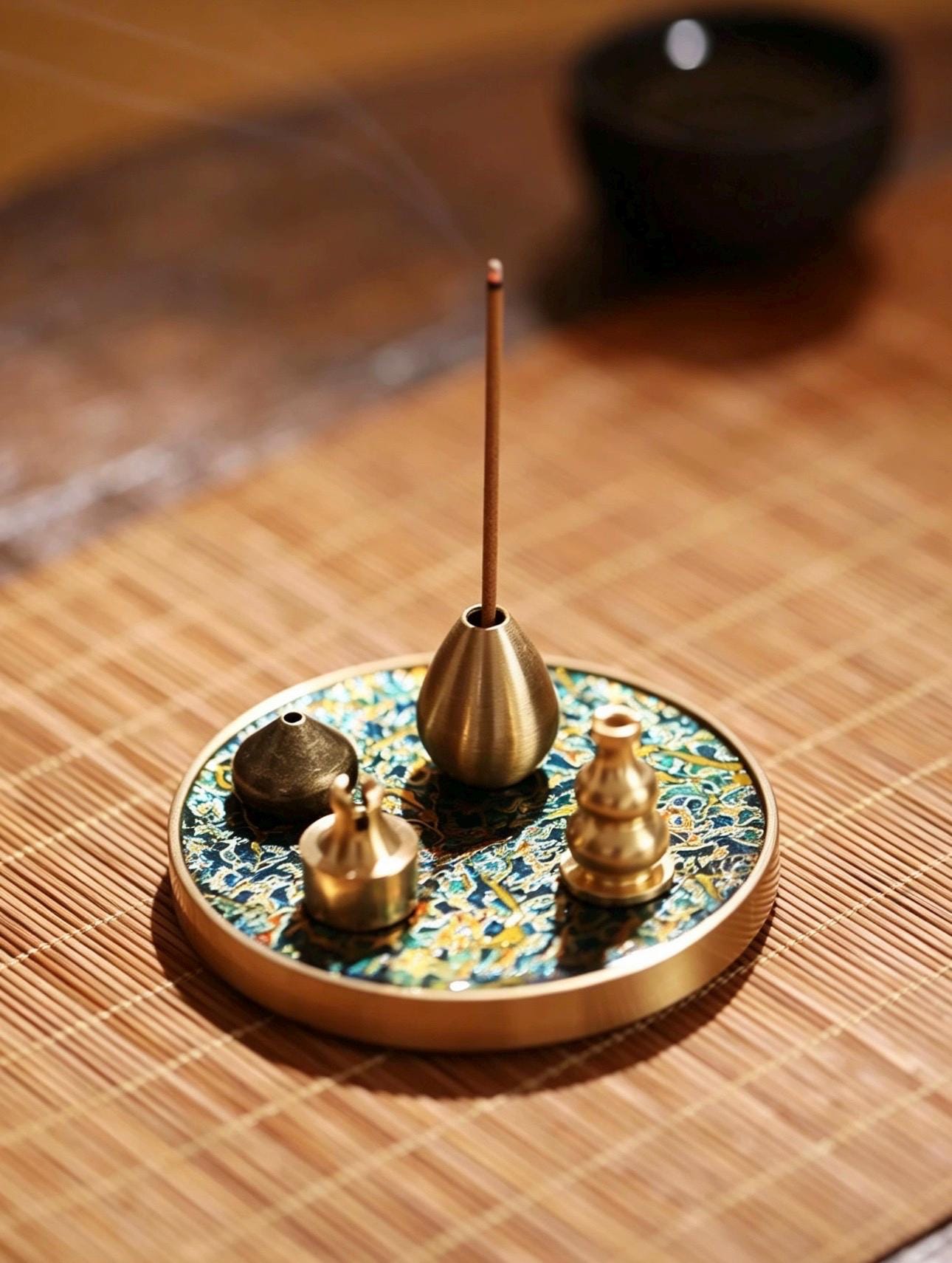 Handmade Lacquerware Incense Plate with Brass Gourd Holder Set, Decorative Incense Ash Catcher, Oriental Incense Burner Gift