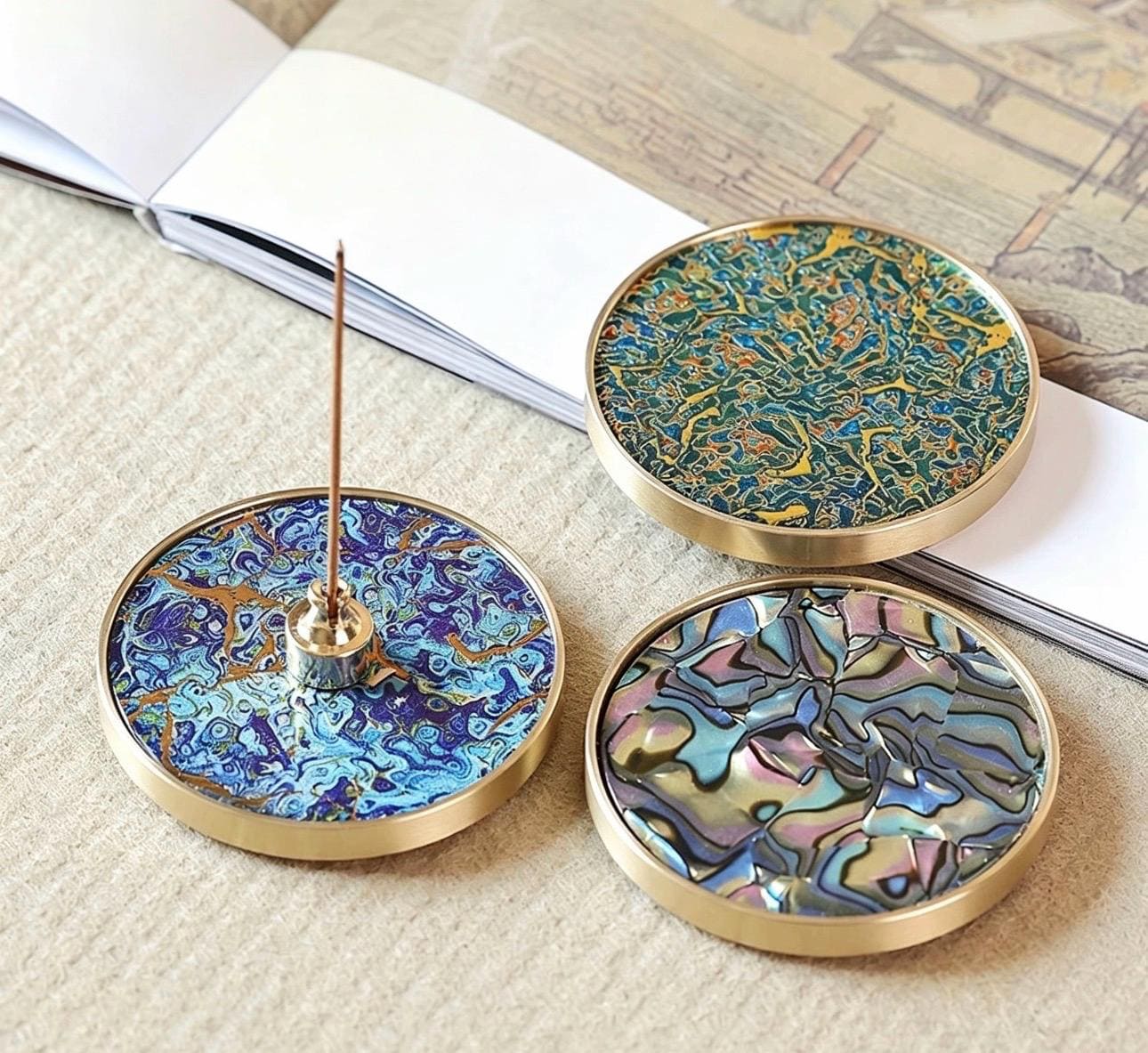 Handmade Lacquerware Incense Plate with Brass Gourd Holder Set, Decorative Incense Ash Catcher, Oriental Incense Burner Gift