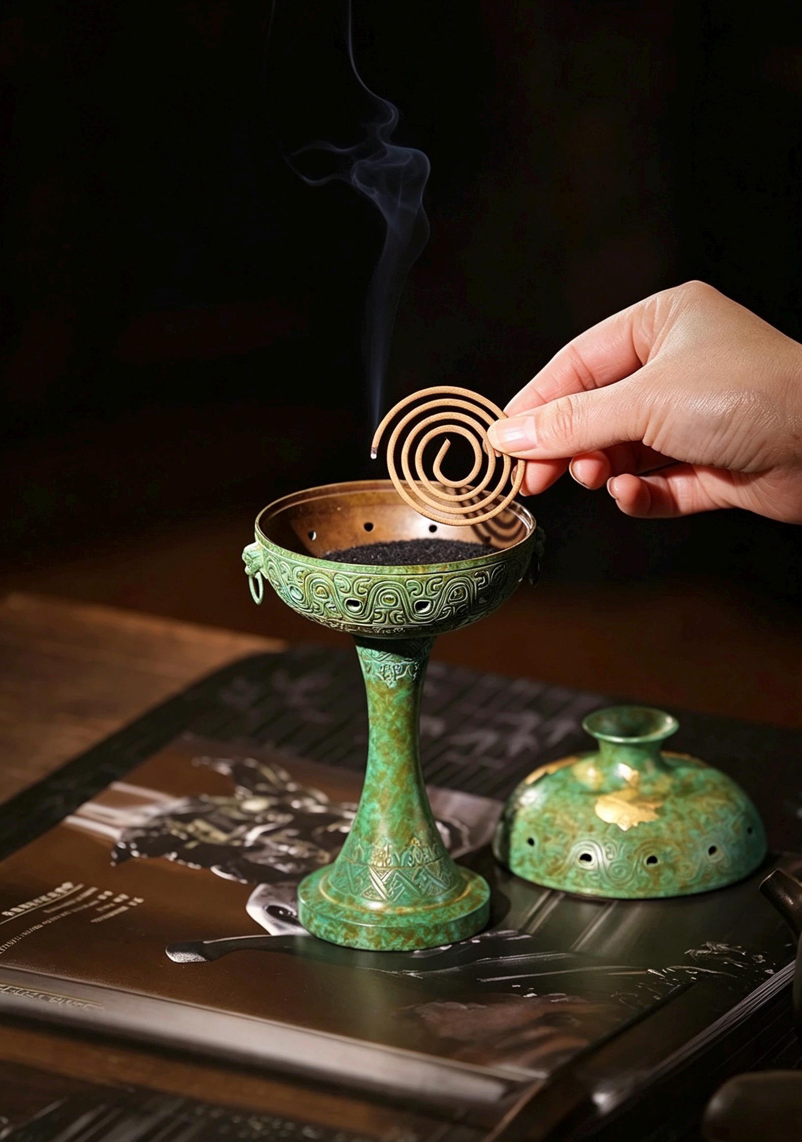 Brass Antique Green Incense Burner, Chinese Song Style Coil Cone Burner, Boshan Dragon Censer, Tea Room Sanctuary Meditation Gift