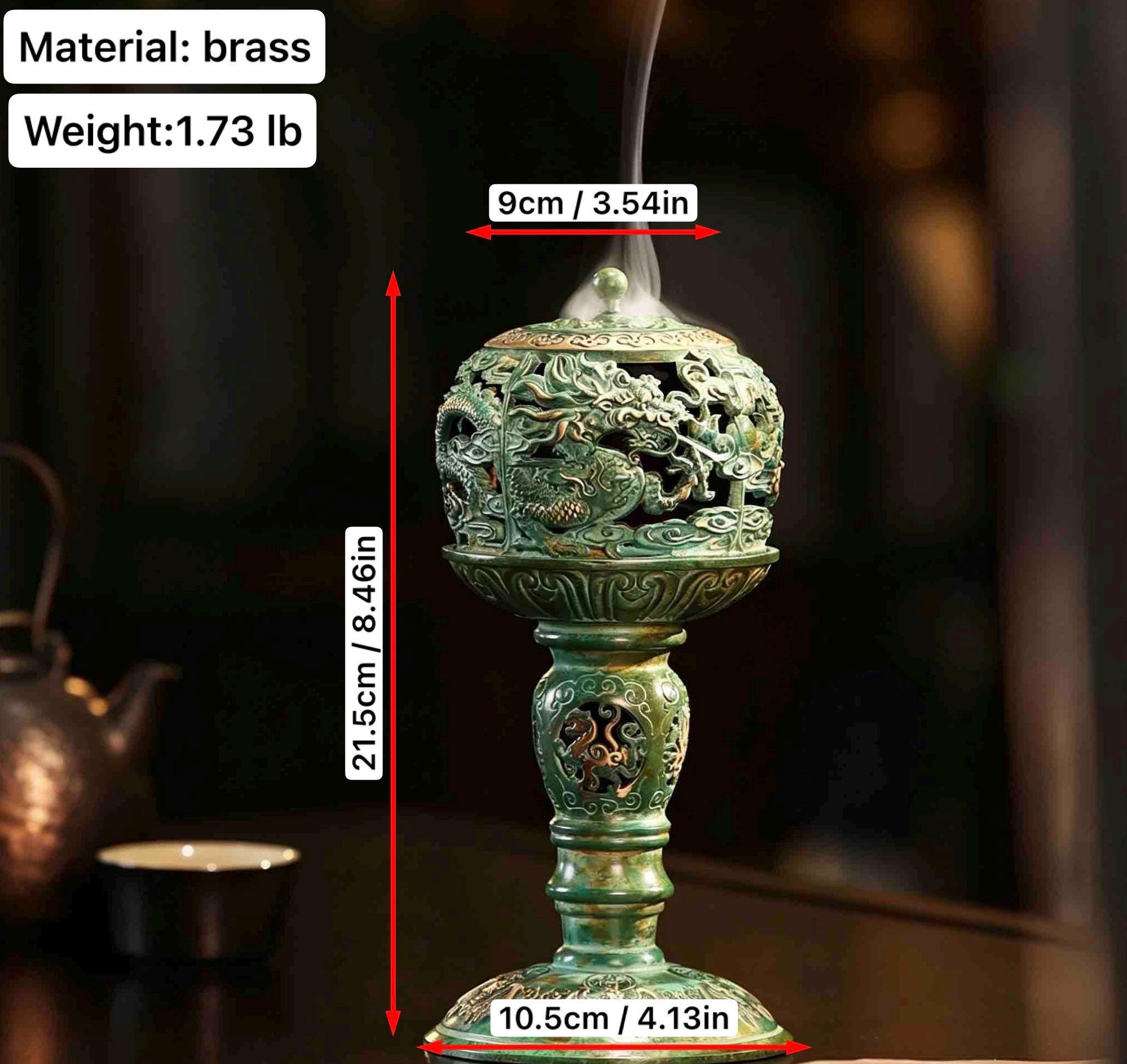 Brass Antique Green Incense Burner, Chinese Song Style Coil Cone Burner, Boshan Dragon Censer, Tea Room Sanctuary Meditation Gift