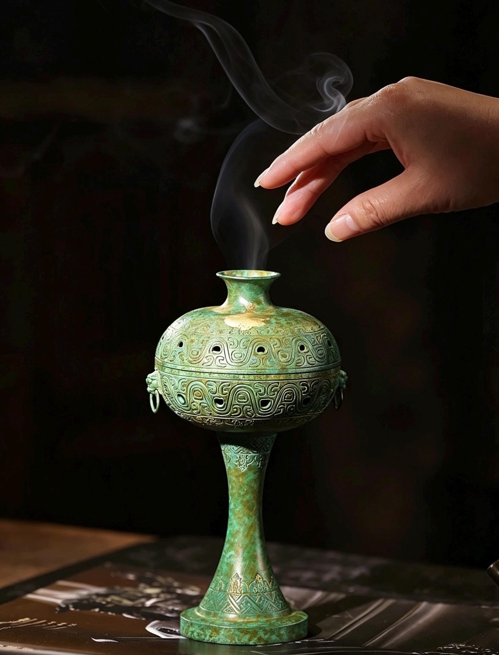 Brass Antique Green Incense Burner, Chinese Song Style Coil Cone Burner, Boshan Dragon Censer, Tea Room Sanctuary Meditation Gift