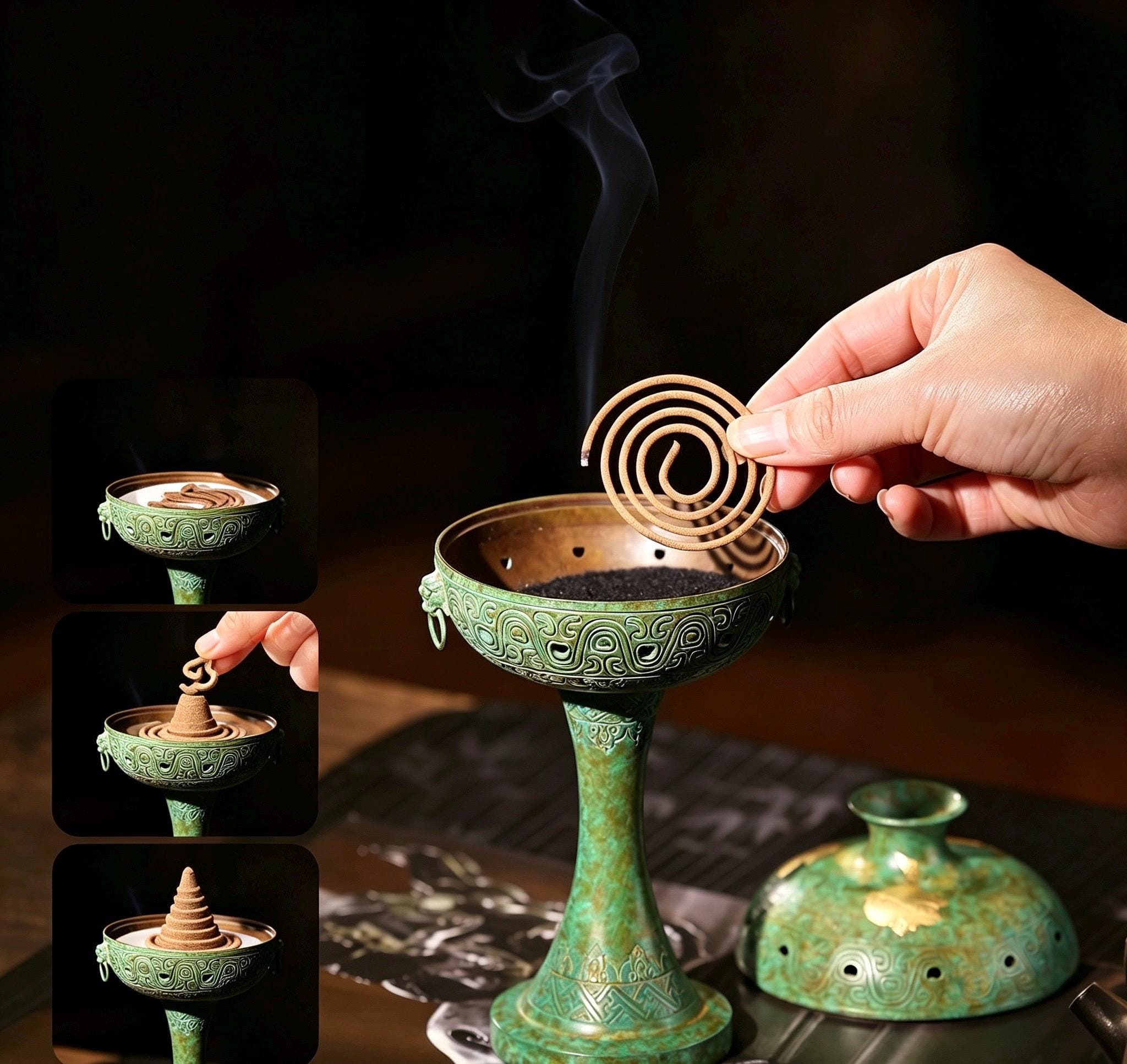 Brass Antique Green Incense Burner, Chinese Song Style Coil Cone Burner, Boshan Dragon Censer, Tea Room Sanctuary Meditation Gift