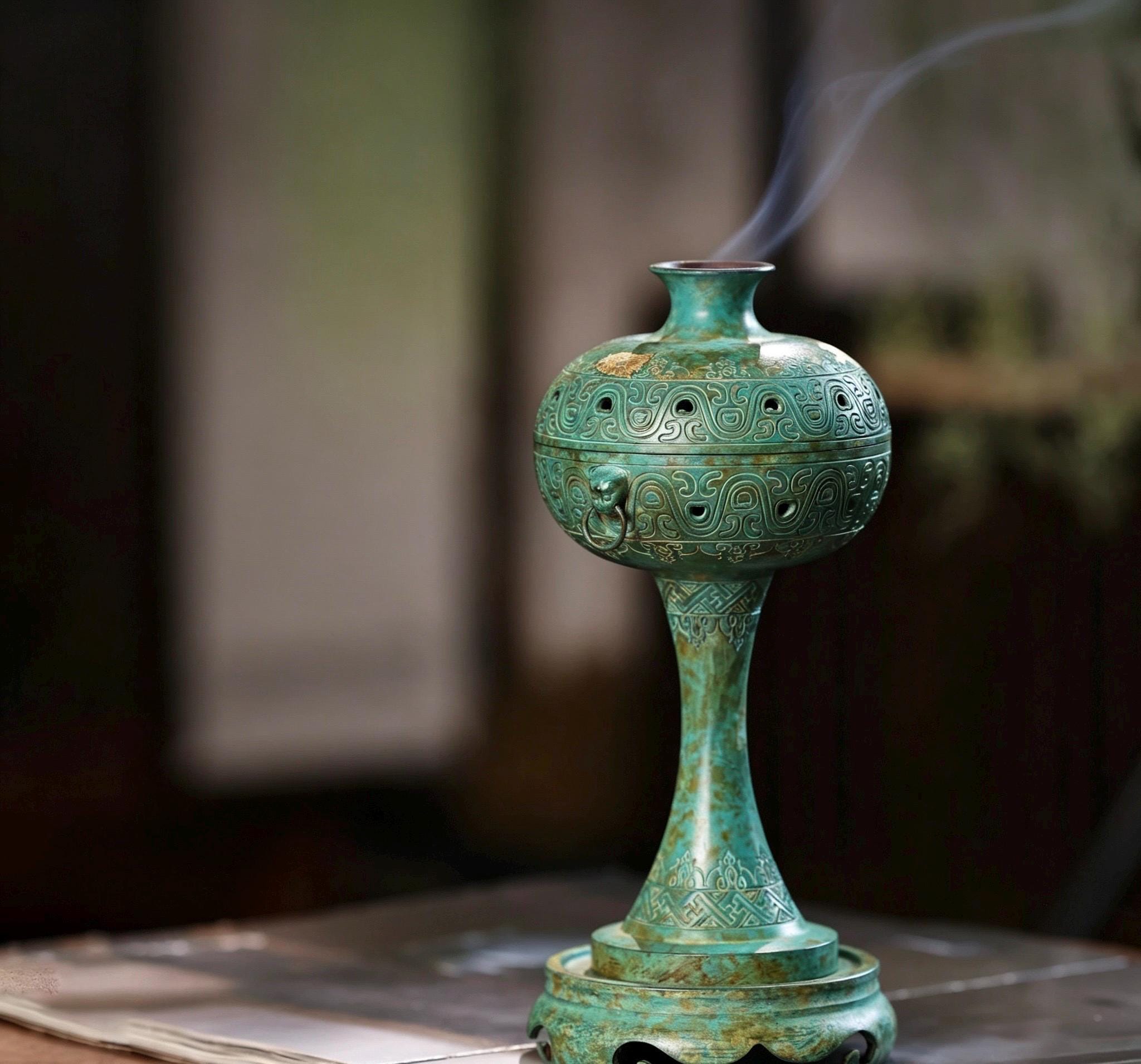 Brass Antique Green Incense Burner, Chinese Song Style Coil Cone Burner, Boshan Dragon Censer, Tea Room Sanctuary Meditation Gift