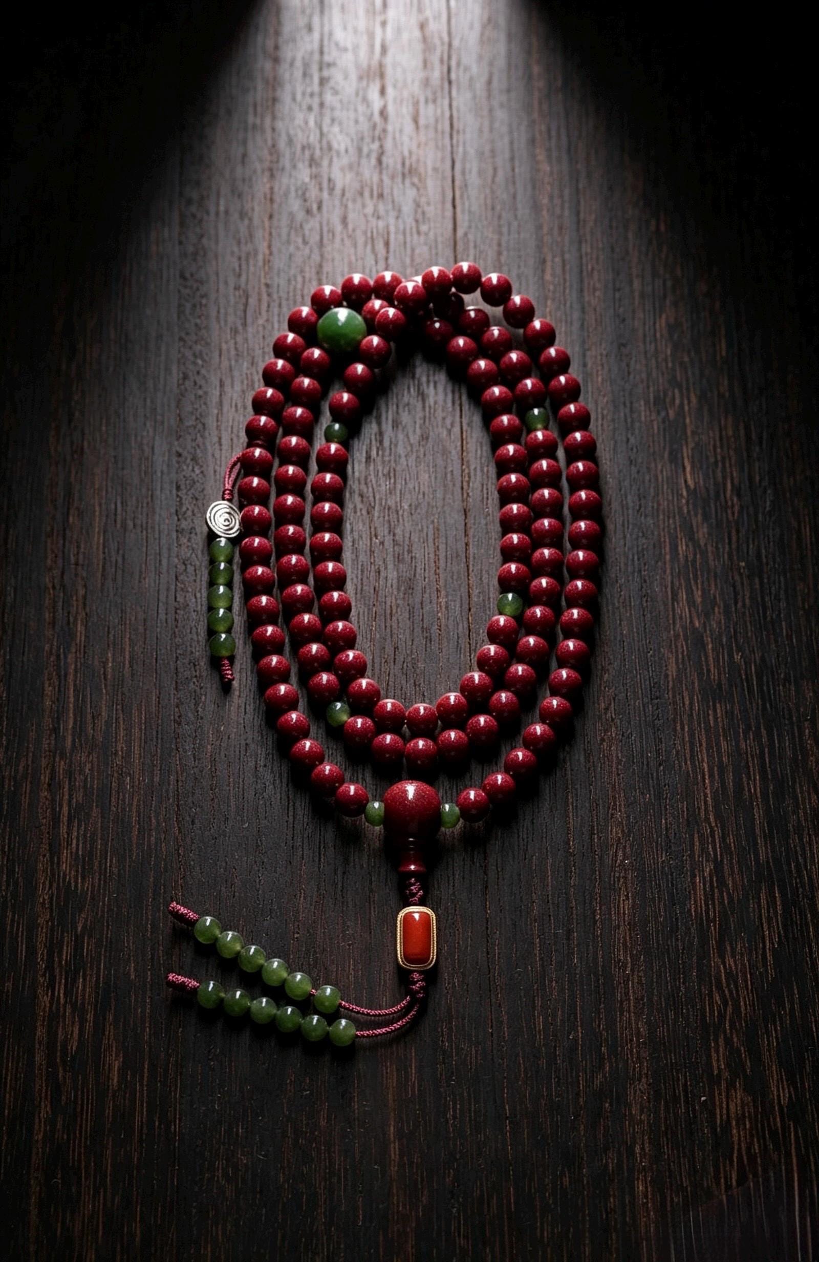 EverestArtStudios Red 108 Mala Beads – 6mm Tibetan Buddhist Prayer Mala with Green Accent Beads