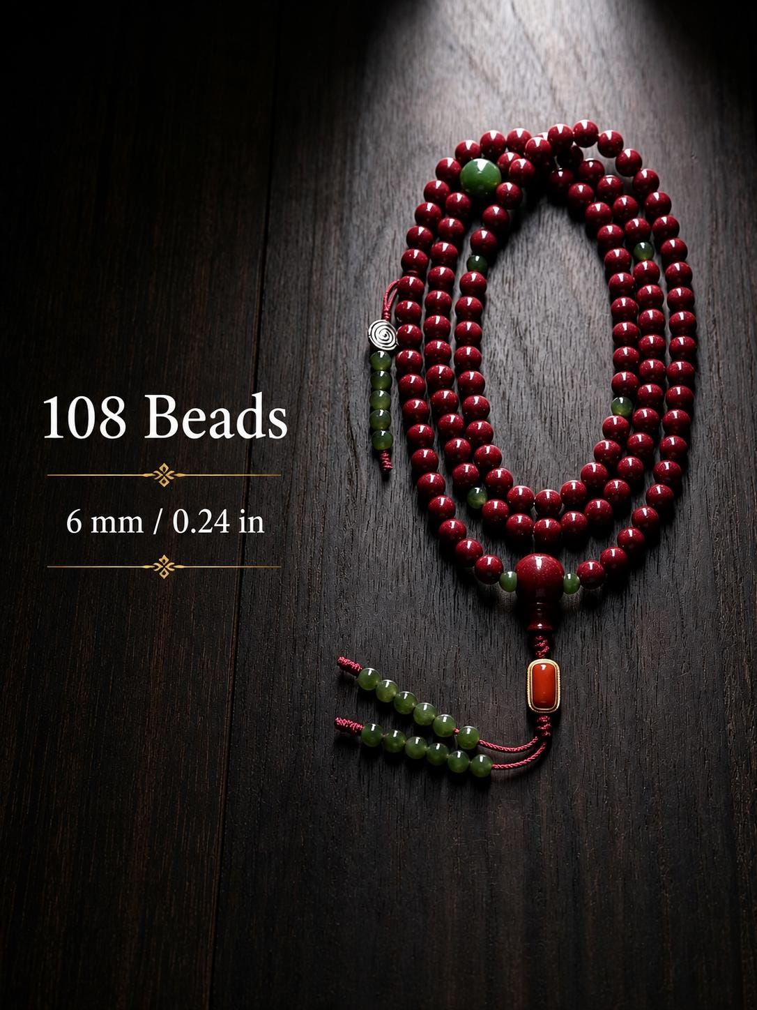 EverestArtStudios Red 108 Mala Beads – 6mm Tibetan Buddhist Prayer Mala with Green Accent Beads