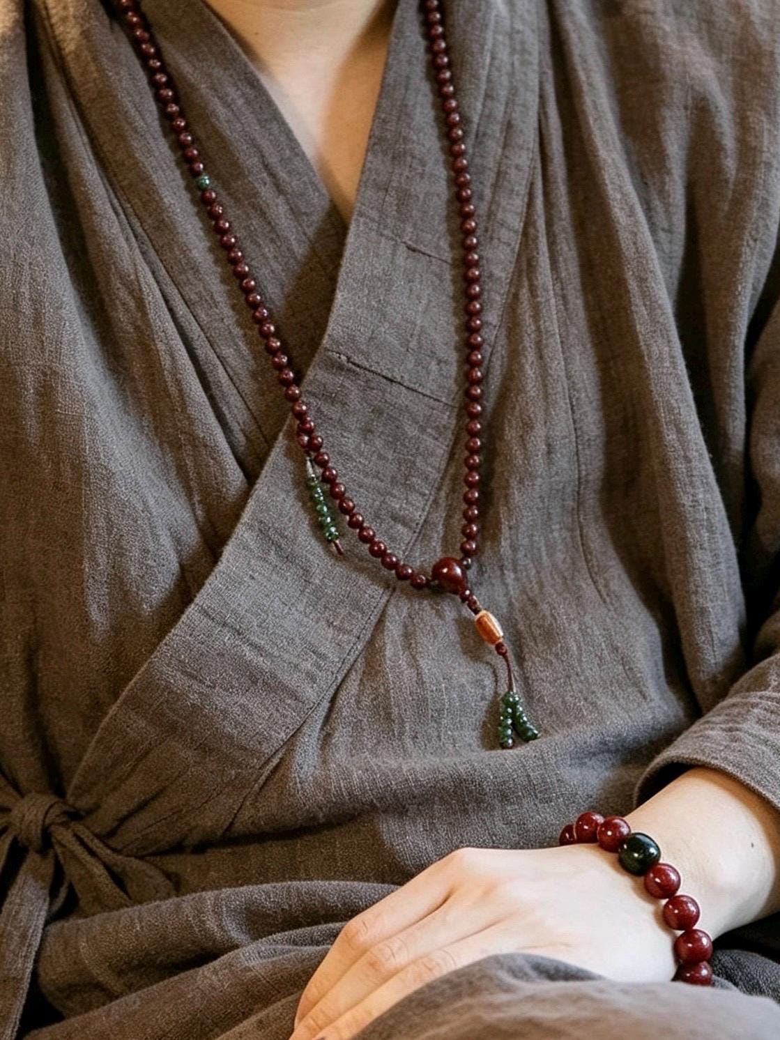 EverestArtStudios Red 108 Mala Beads – 6mm Tibetan Buddhist Prayer Mala with Green Accent Beads