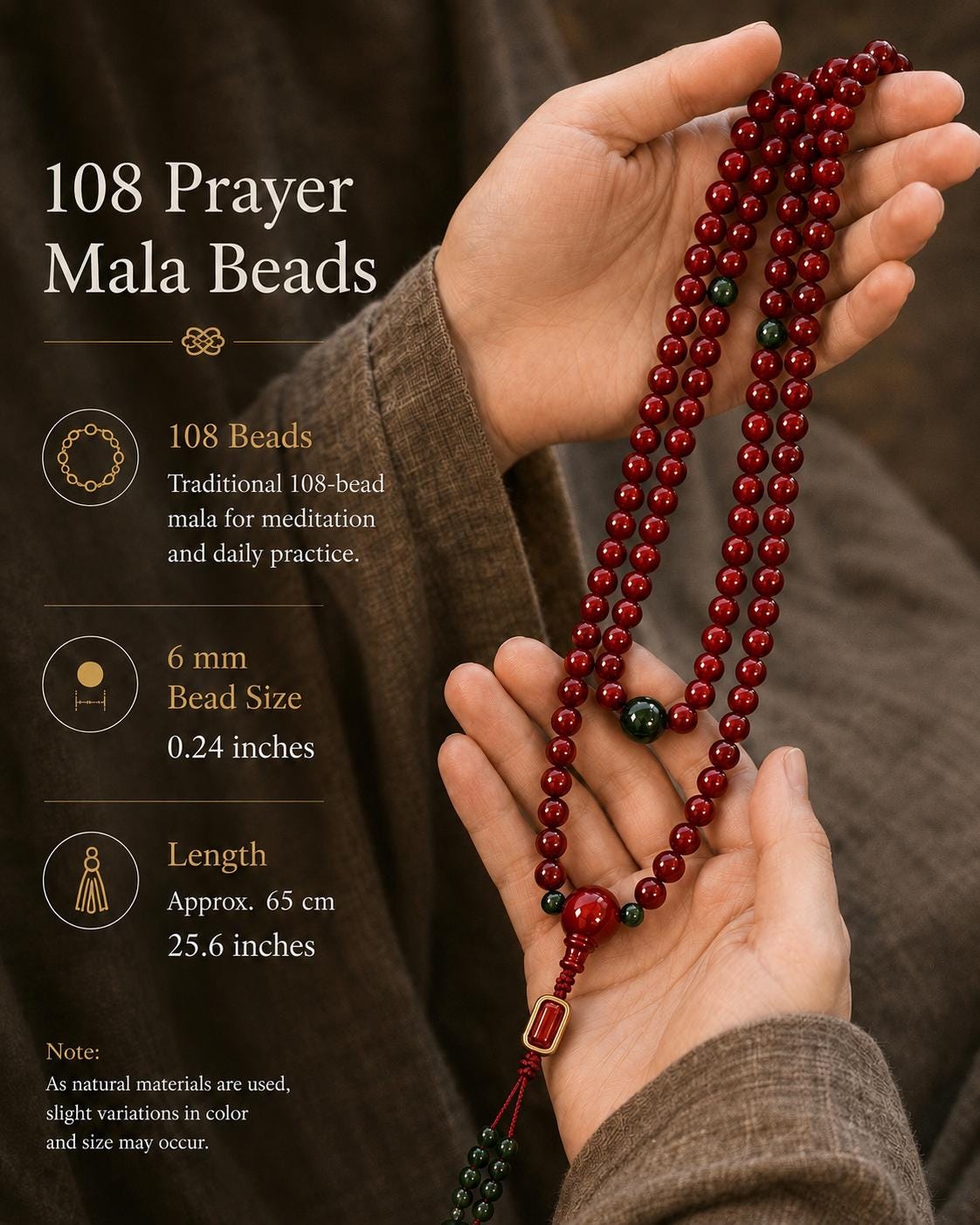 EverestArtStudios Red 108 Mala Beads – 6mm Tibetan Buddhist Prayer Mala with Green Accent Beads