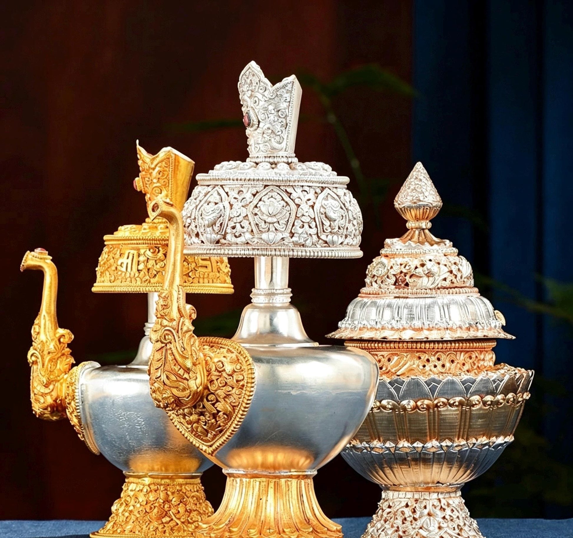 Nepali Handcrafted Copper Gold Silver Plated Bumpa Vase, Tibetan Ritual Water Pitcher, Himalayan Sacred Holy Water Pot Altar Decor