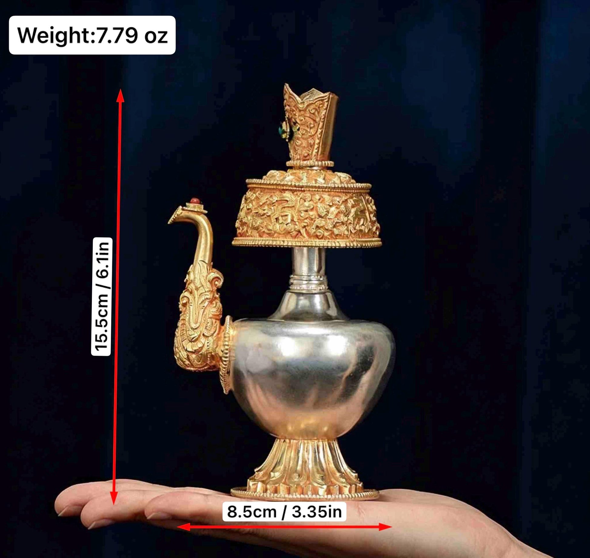 Nepali Handcrafted Copper Gold Silver Plated Bumpa Vase, Tibetan Ritual Water Pitcher, Himalayan Sacred Holy Water Pot Altar Decor