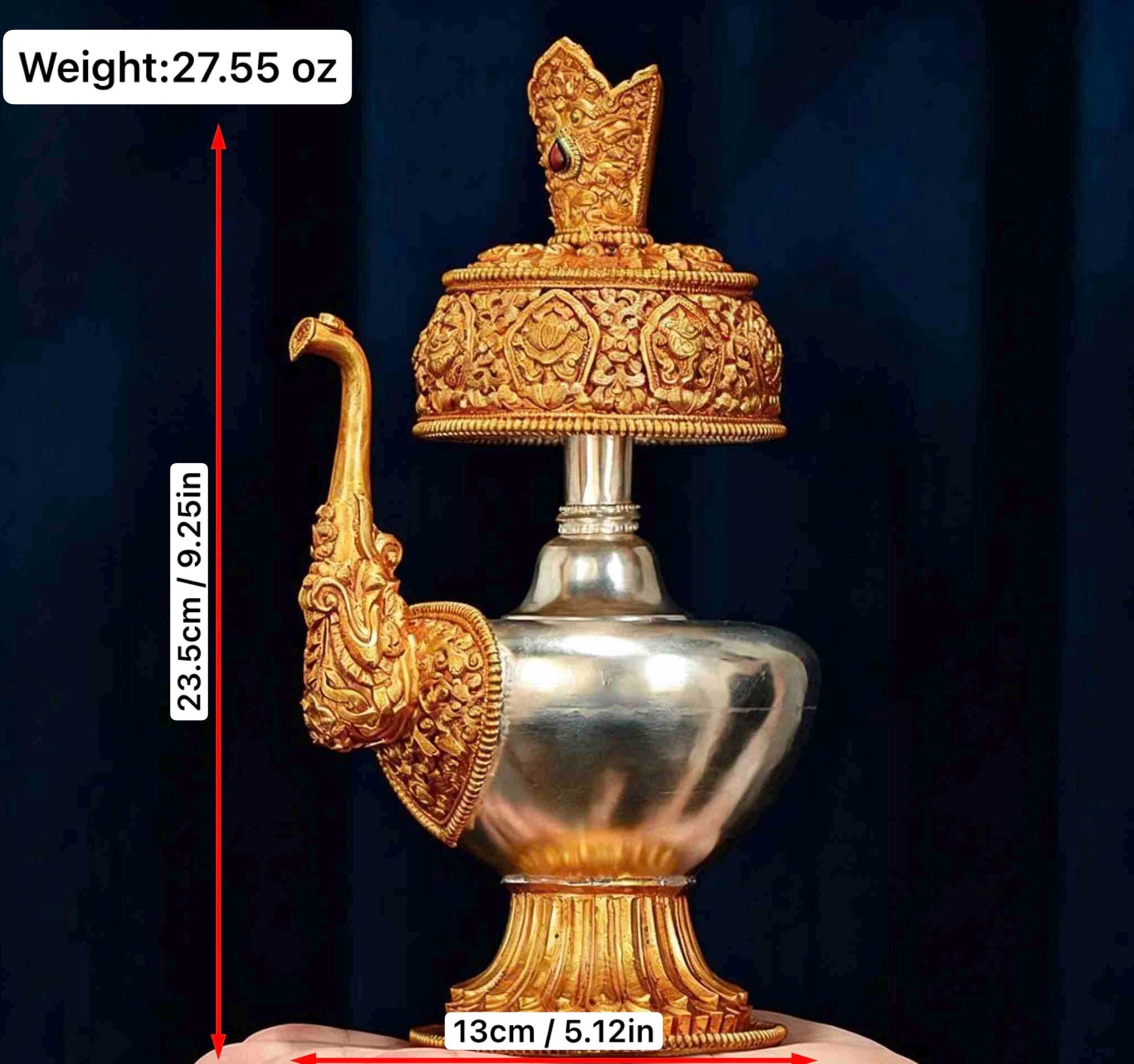 Nepali Handcrafted Copper Gold Silver Plated Bumpa Vase, Tibetan Ritual Water Pitcher, Himalayan Sacred Holy Water Pot Altar Decor