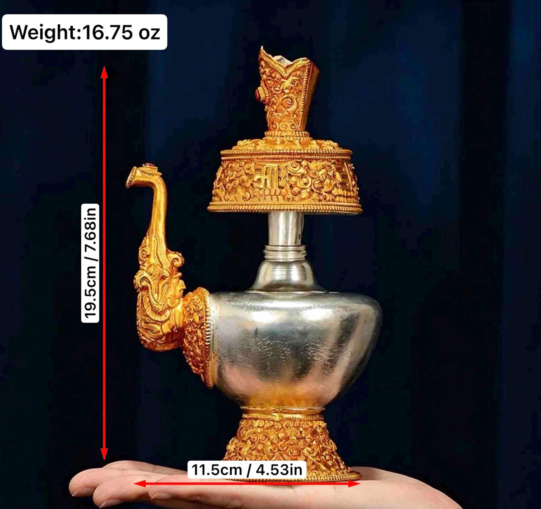 Nepali Handcrafted Copper Gold Silver Plated Bumpa Vase, Tibetan Ritual Water Pitcher, Himalayan Sacred Holy Water Pot Altar Decor