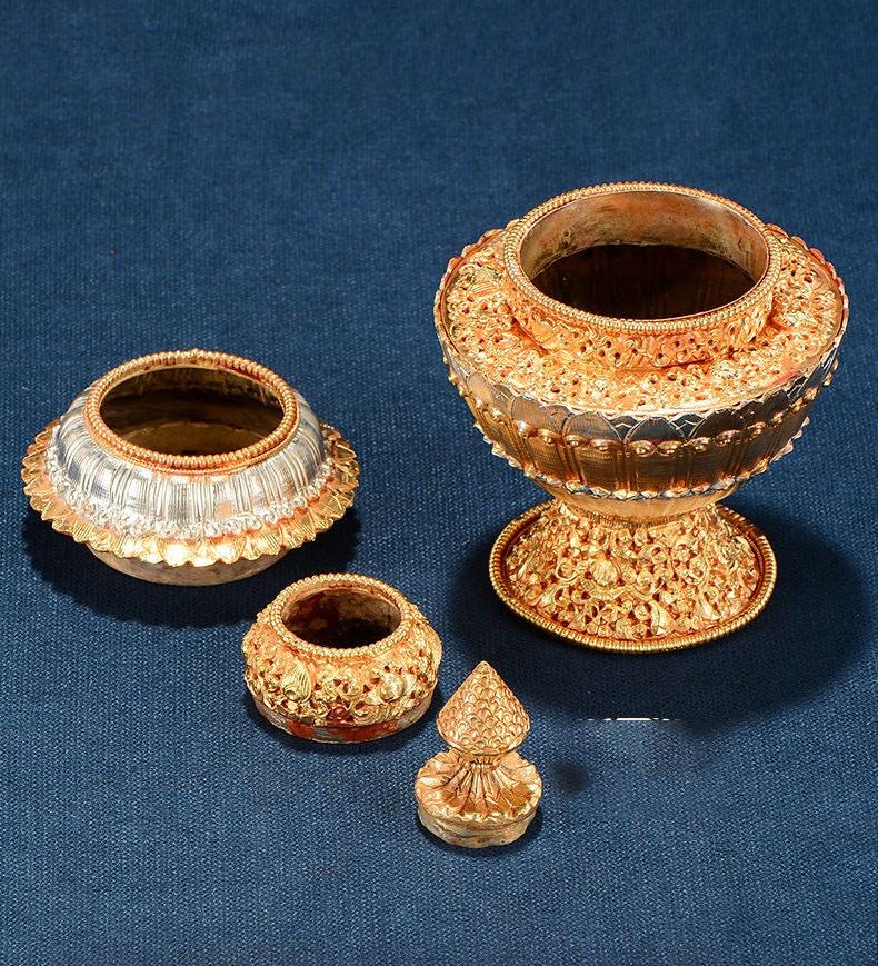 Nepali Handcrafted Copper Gold Silver Plated Bumpa Vase, Tibetan Ritual Water Pitcher, Himalayan Sacred Holy Water Pot Altar Decor
