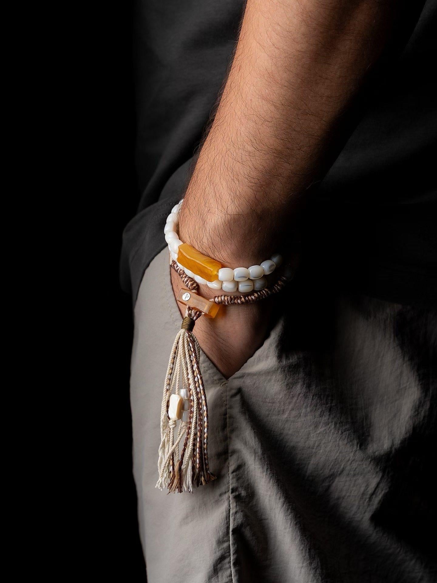 EverestArtStudios Vintage Tibetan White Mother of Pearl Raw Amber Wrap Bracelet, Agate Tassel Bracelet, 3 Wrap Unisex Boho Jewelry