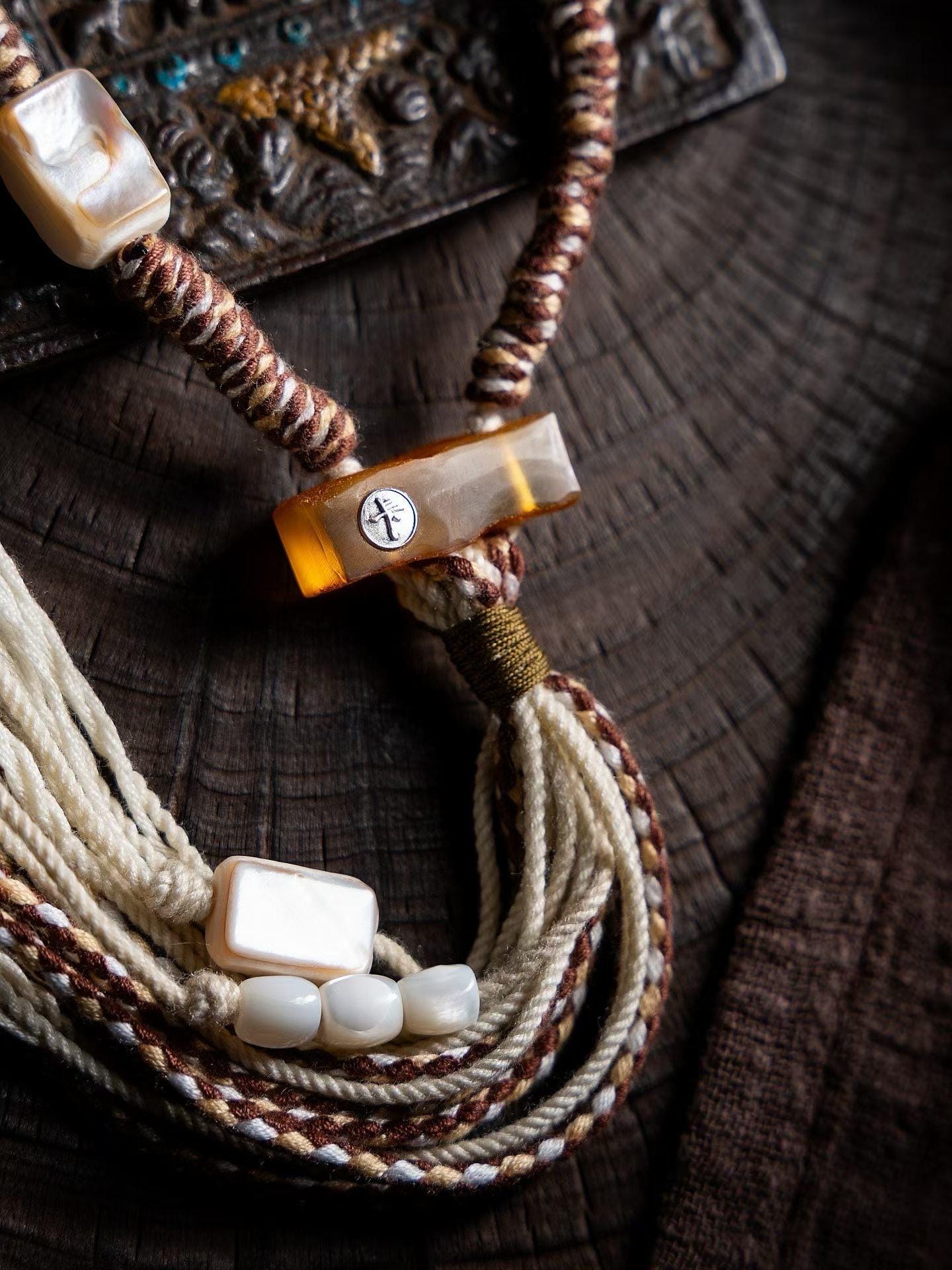 EverestArtStudios Vintage Tibetan White Mother of Pearl Raw Amber Wrap Bracelet, Agate Tassel Bracelet, 3 Wrap Unisex Boho Jewelry