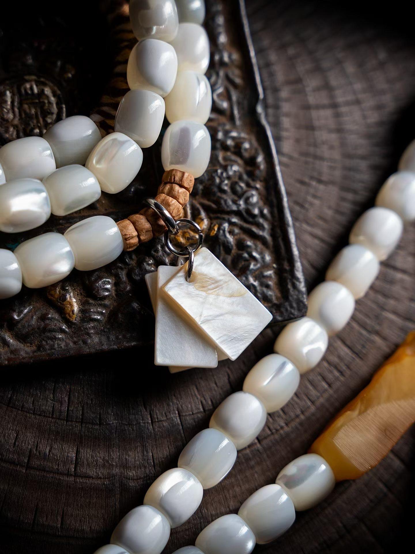 EverestArtStudios Vintage Tibetan White Mother of Pearl Raw Amber Wrap Bracelet, Agate Tassel Bracelet, 3 Wrap Unisex Boho Jewelry